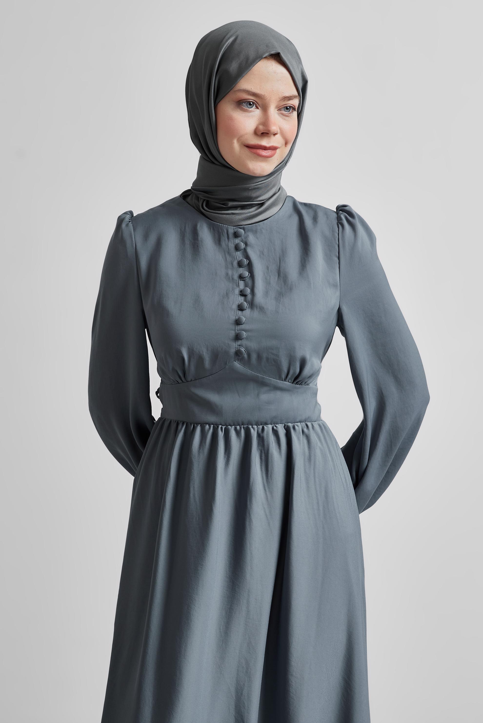 Tesettür giyim GRİ BAĞLAMA DETAYLI ELBİSE 45366