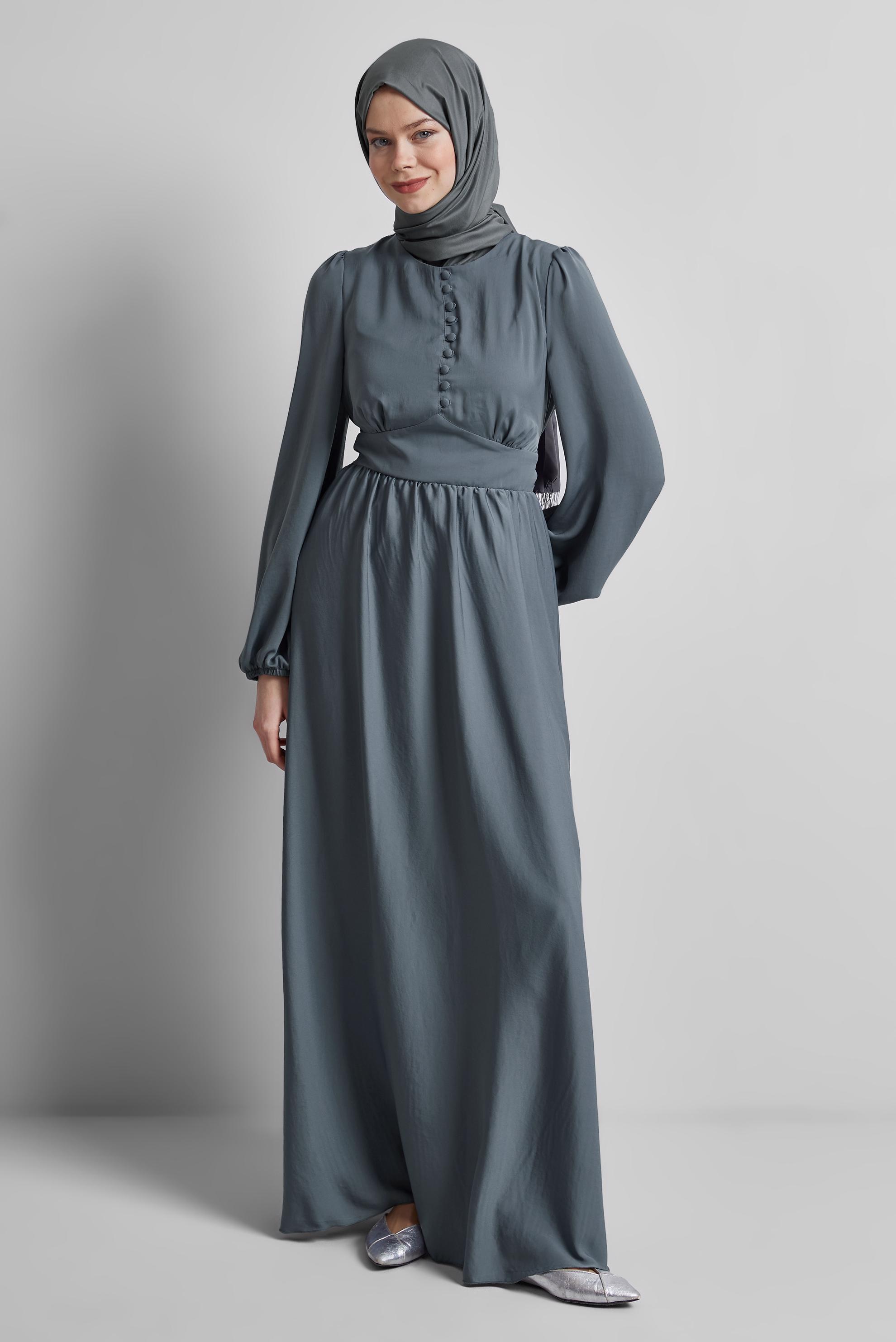 Tesettür giyim GRİ BAĞLAMA DETAYLI ELBİSE 45366