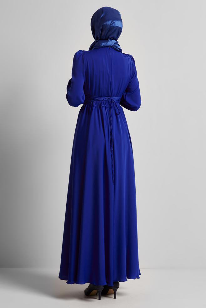 Hijab clothing NAVY BLUE DRESS WITH TIE DETAIL 45366 - ALVİNA