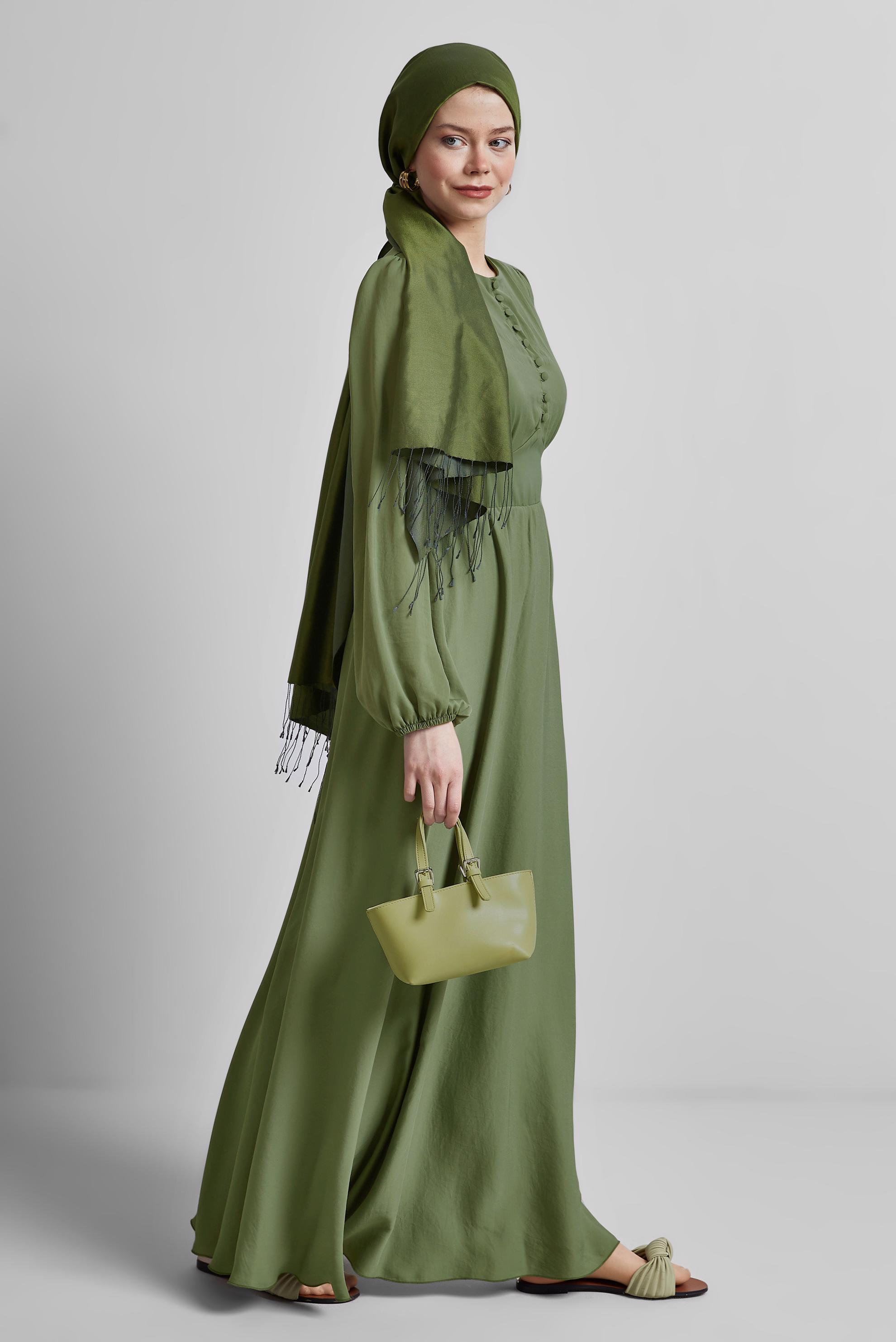 Tesettür giyim YEŞİL BAĞLAMA DETAYLI ELBİSE 45366
