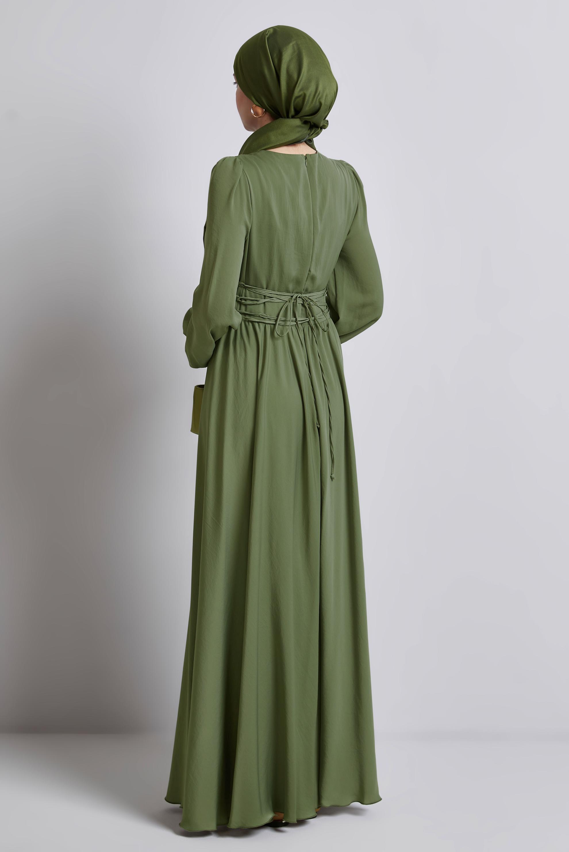Tesettür giyim YEŞİL BAĞLAMA DETAYLI ELBİSE 45366