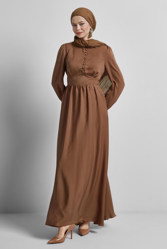 Hijab-Kleidung BRAUN KLEID MIT KRAGENDETAIL 45366 - ALVİNA