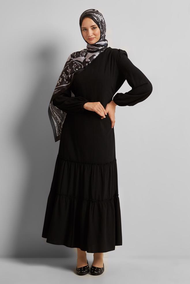 Vêtements hijab NOIR ROBE CEINTURÉE 45368 - ALVİNA