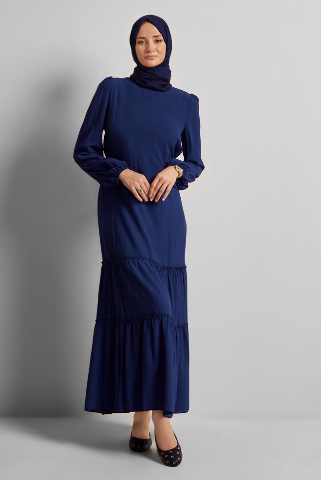 Vêtements hijab BLEU MARINE ROBE CEINTURÉE 45368 - ALVİNA