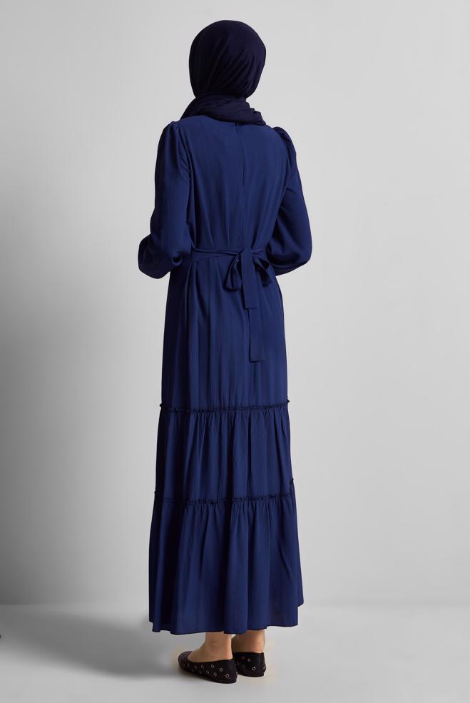 Vêtements hijab BLEU MARINE ROBE CEINTURÉE 45368 - ALVİNA