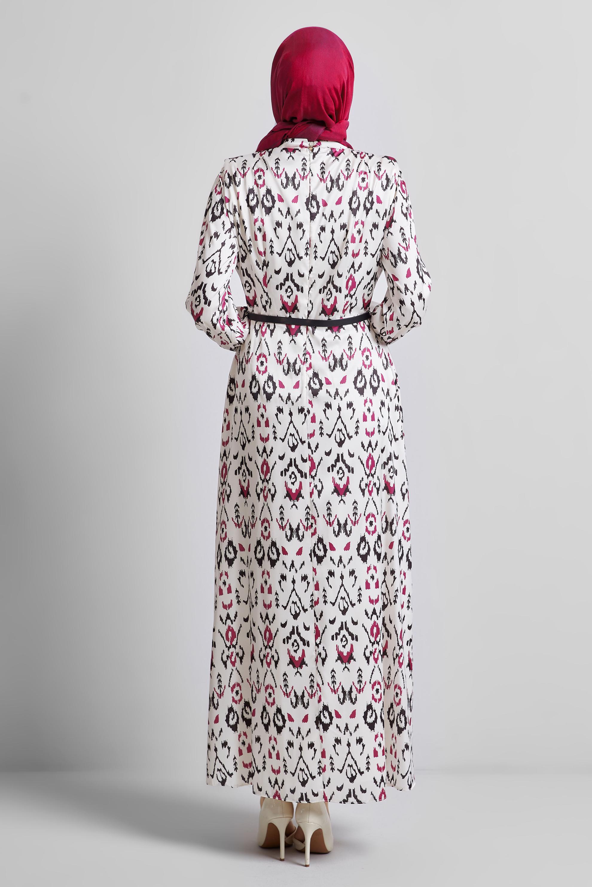 Tesettür giyim BORDO KEMERLİ DESENLİ ELBİSE 45402