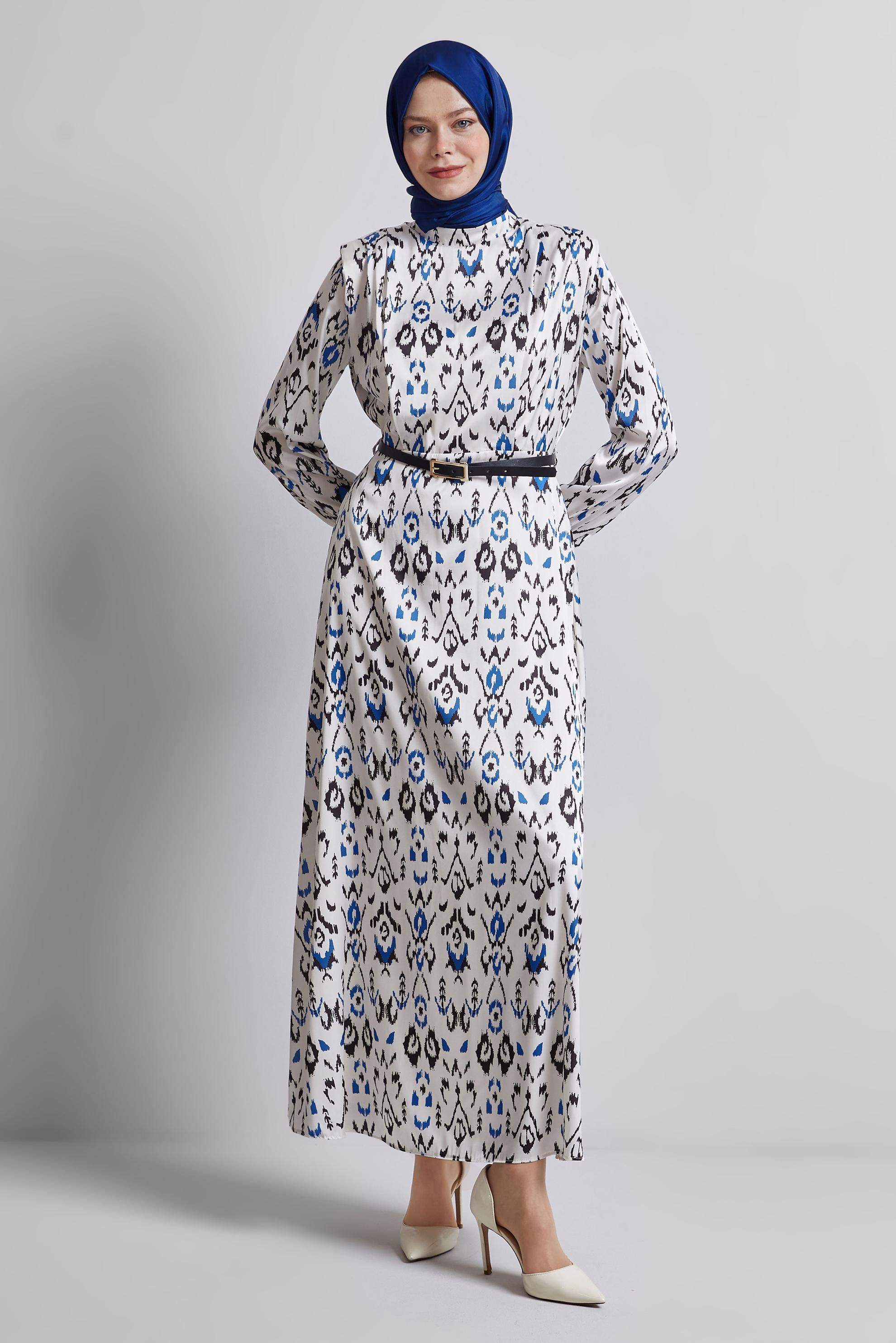 Tesettür giyim LACİVERT KEMERLİ DESENLİ ELBİSE 45402