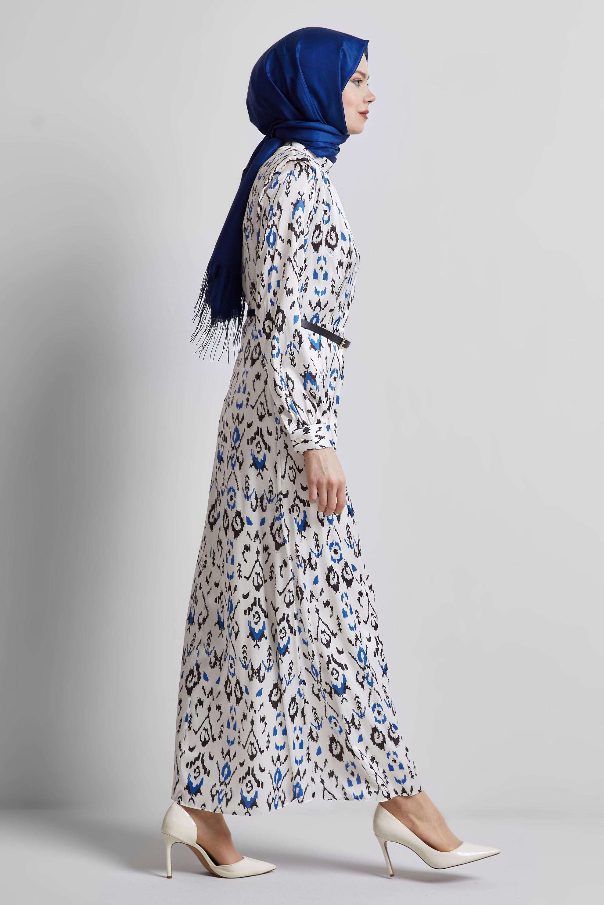 Tesettür giyim LACİVERT KEMERLİ DESENLİ ELBİSE 45402