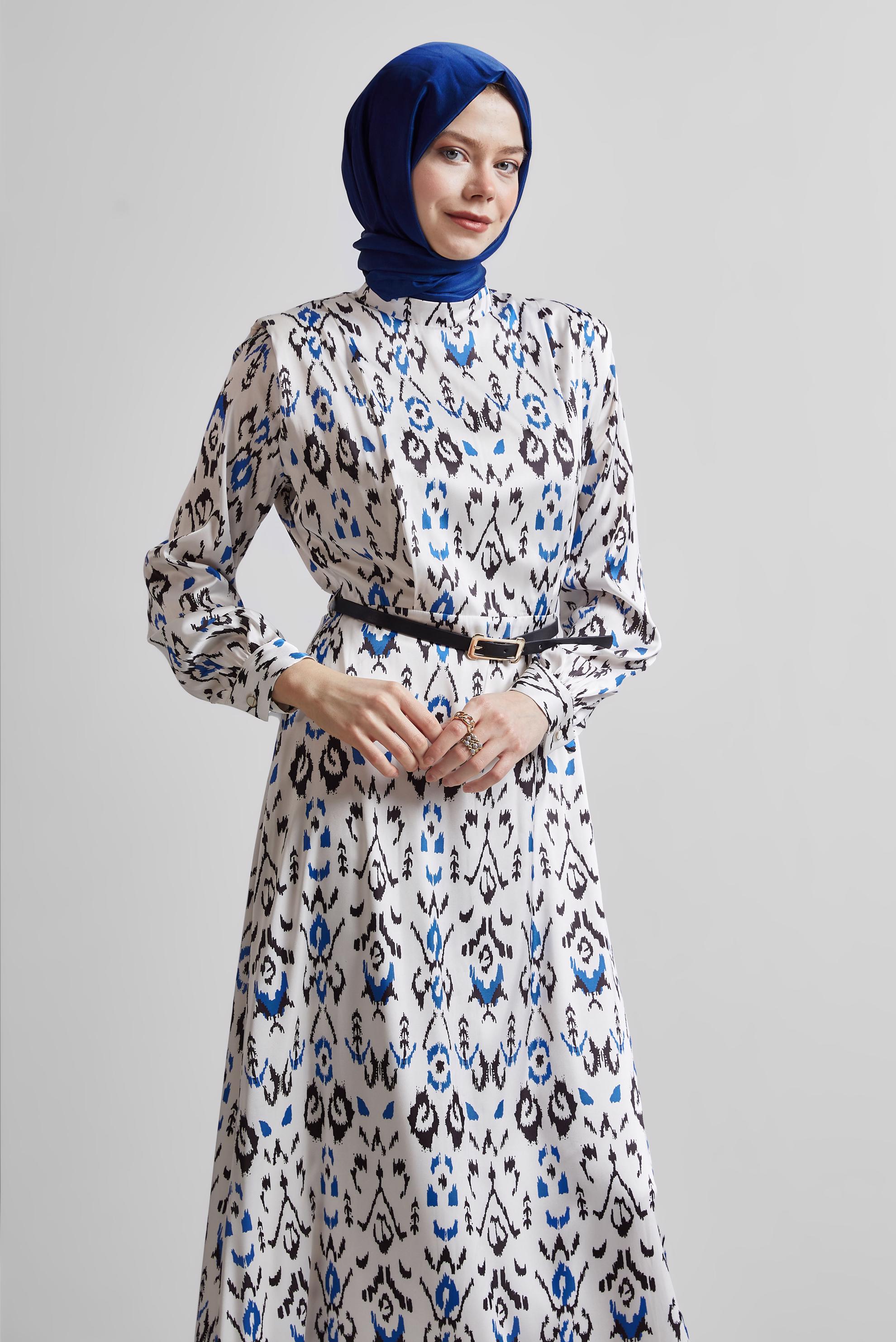 Tesettür giyim LACİVERT KEMERLİ DESENLİ ELBİSE 45402