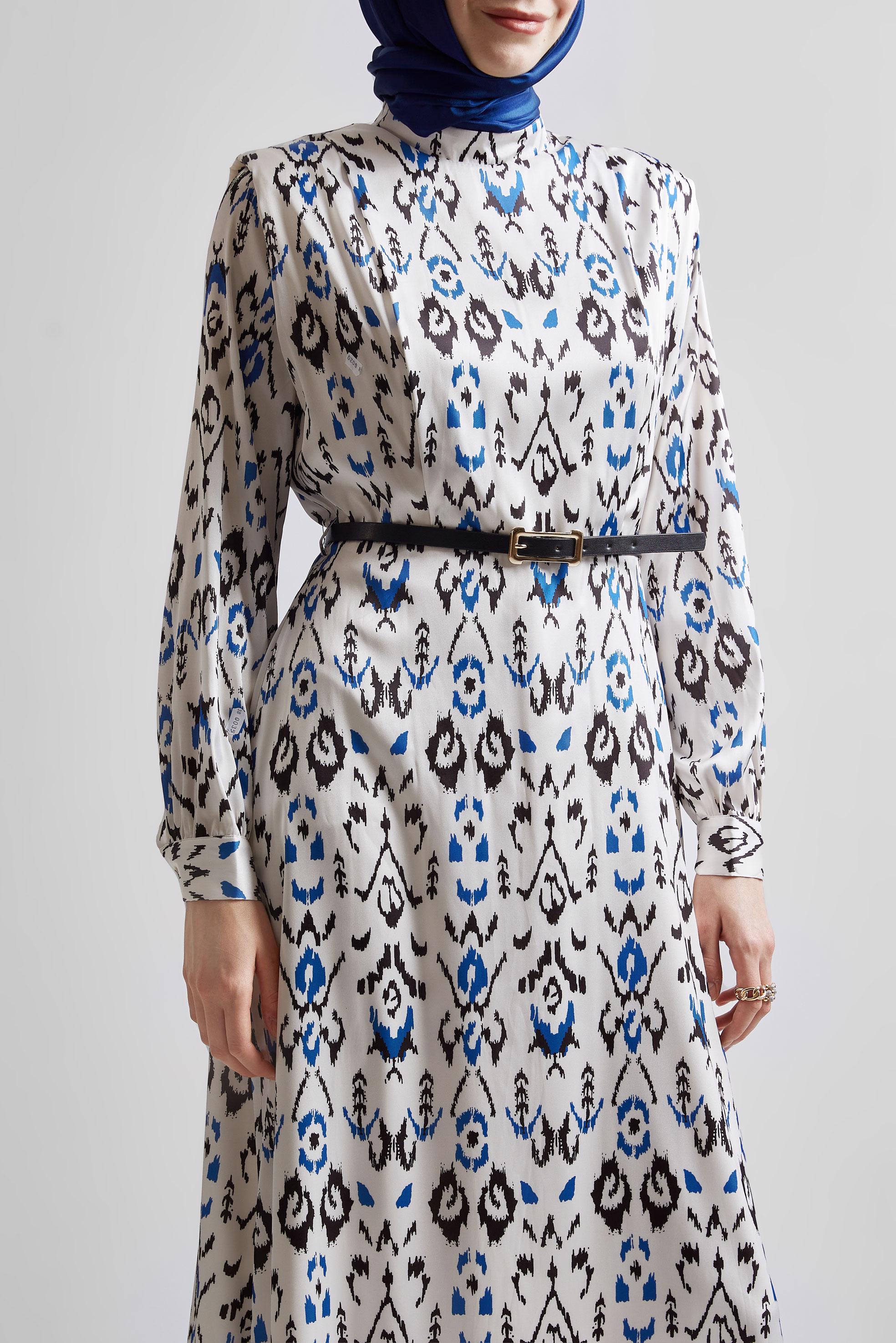 Tesettür giyim LACİVERT KEMERLİ DESENLİ ELBİSE 45402