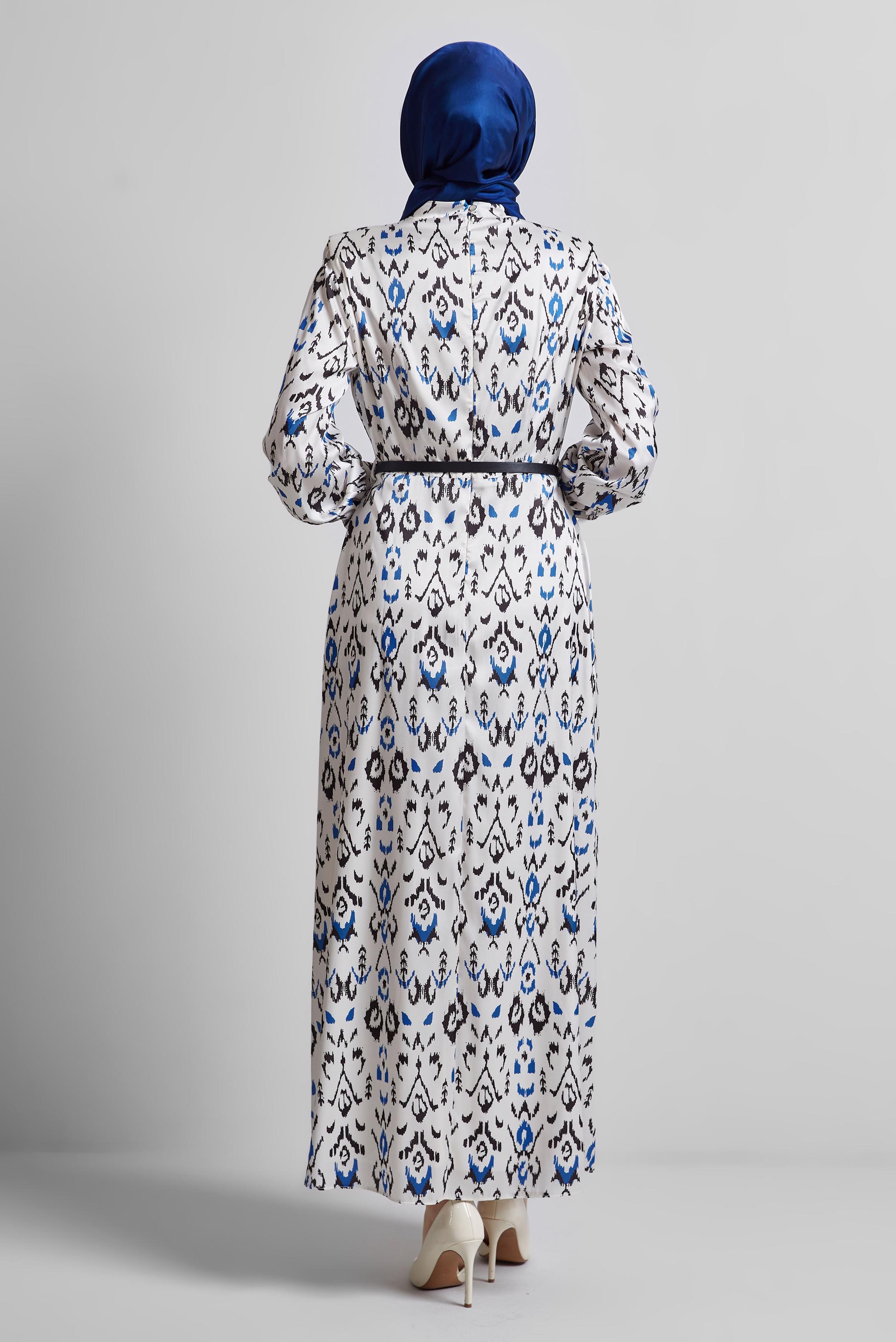 Tesettür giyim LACİVERT KEMERLİ DESENLİ ELBİSE 45402