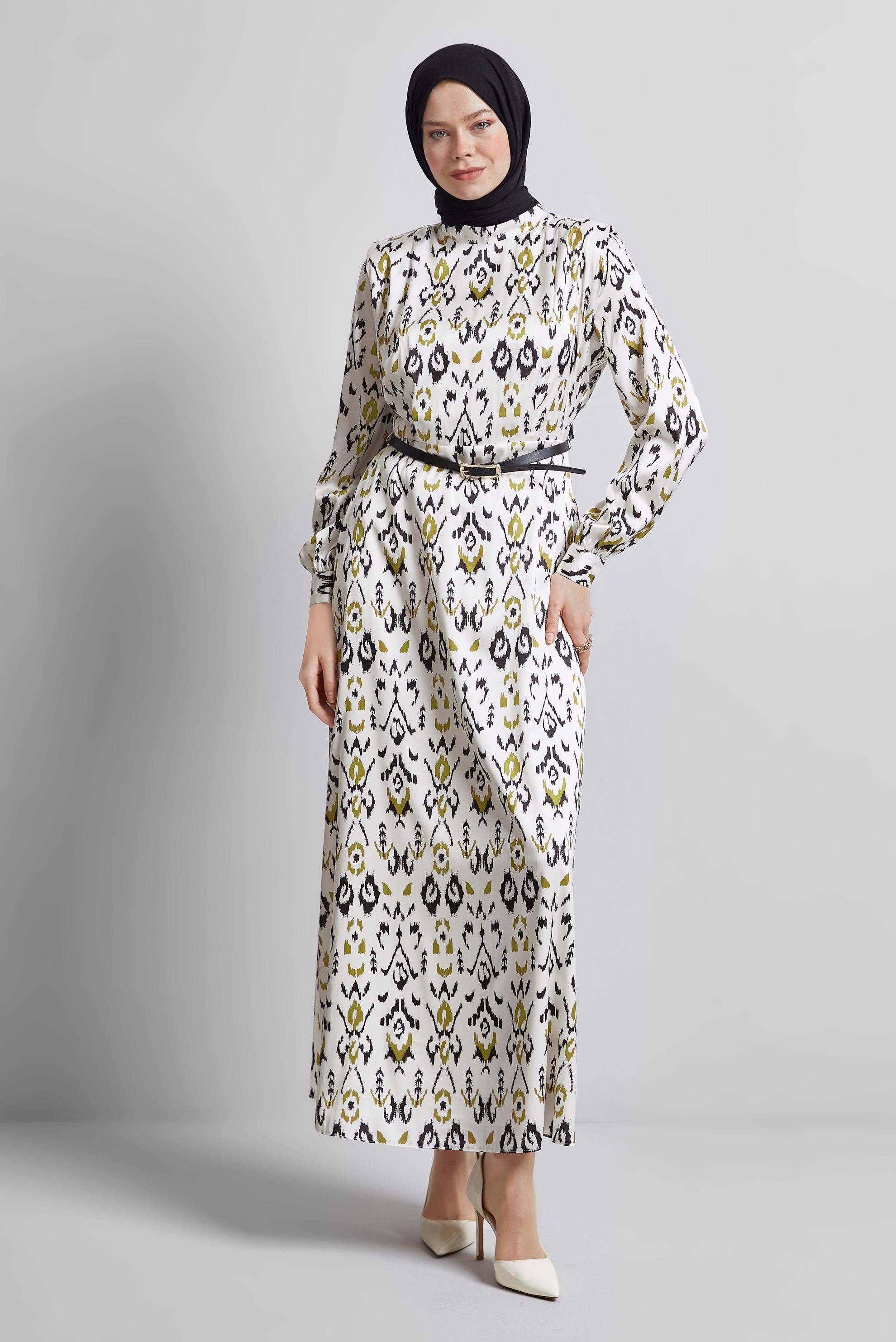 Tesettür giyim YEŞİL KEMERLİ DESENLİ ELBİSE 45402