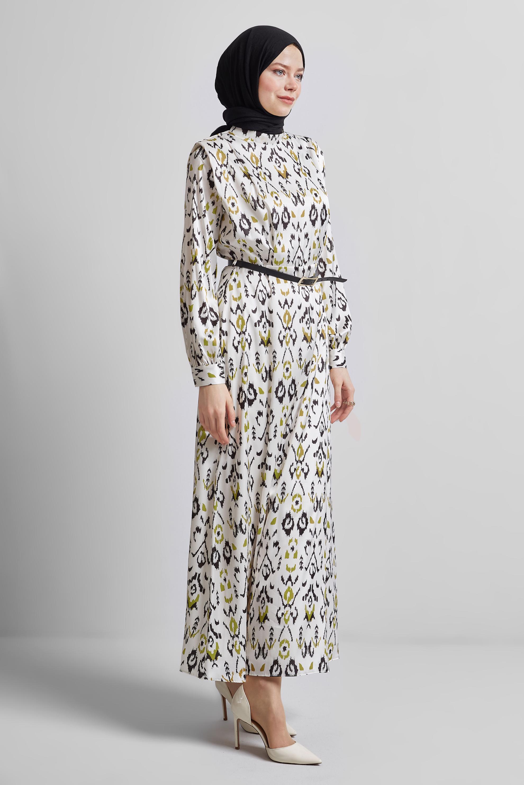 Tesettür giyim YEŞİL KEMERLİ DESENLİ ELBİSE 45402
