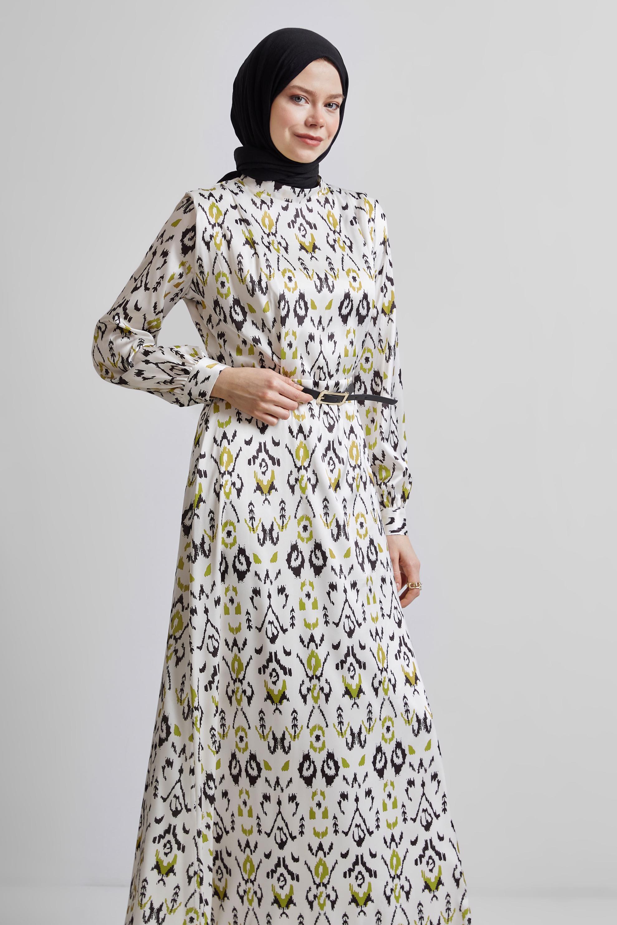 Tesettür giyim YEŞİL KEMERLİ DESENLİ ELBİSE 45402
