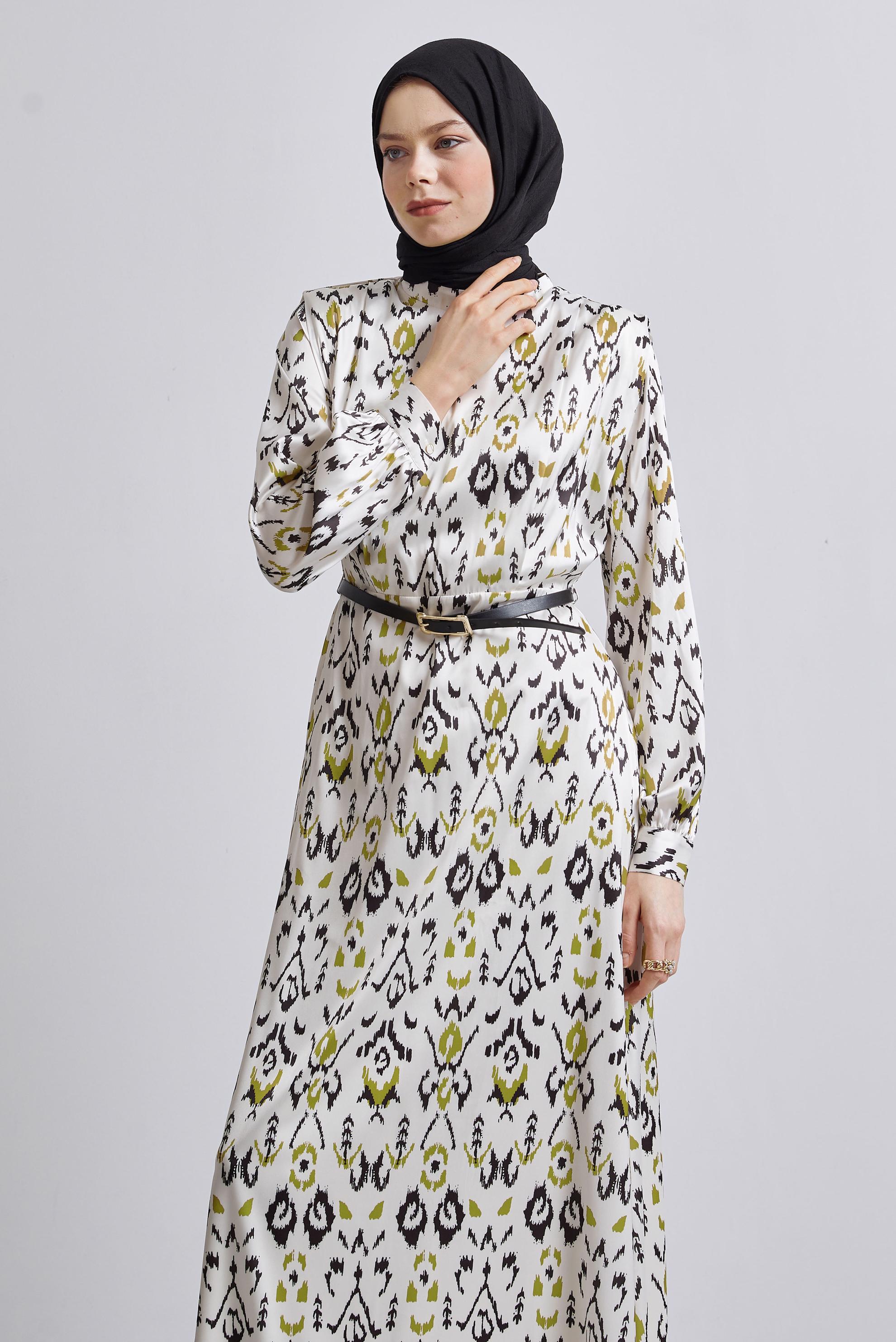 Tesettür giyim YEŞİL KEMERLİ DESENLİ ELBİSE 45402
