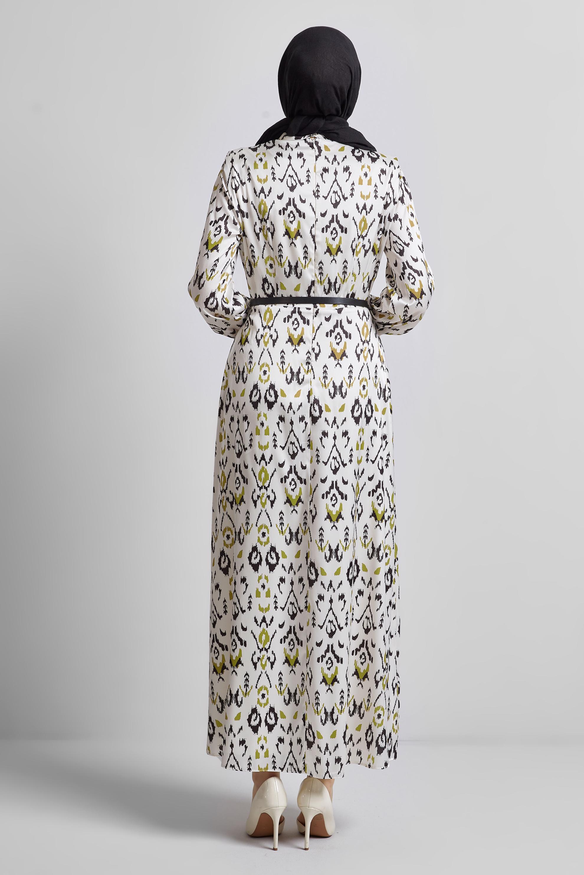 Tesettür giyim YEŞİL KEMERLİ DESENLİ ELBİSE 45402