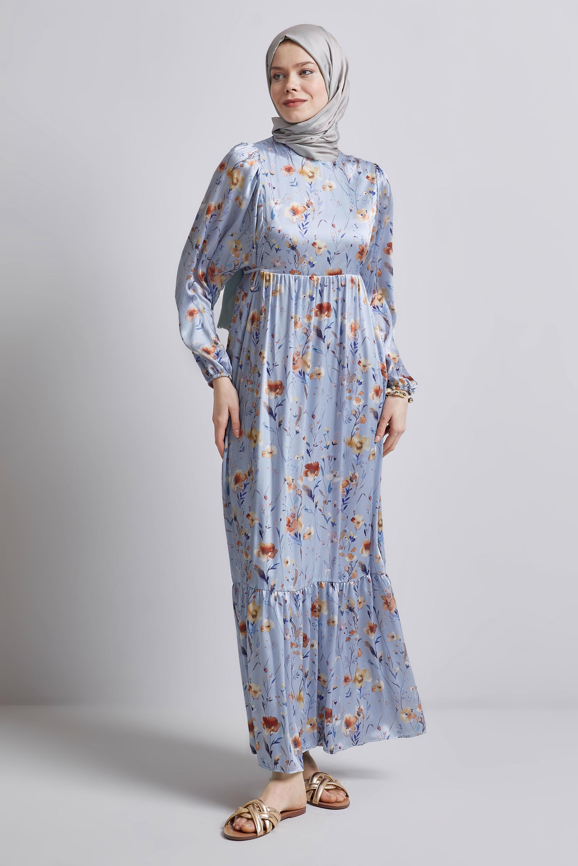 Tesettür giyim MAVİ DESENLİ BAĞCIKLI ELBİSE 45404