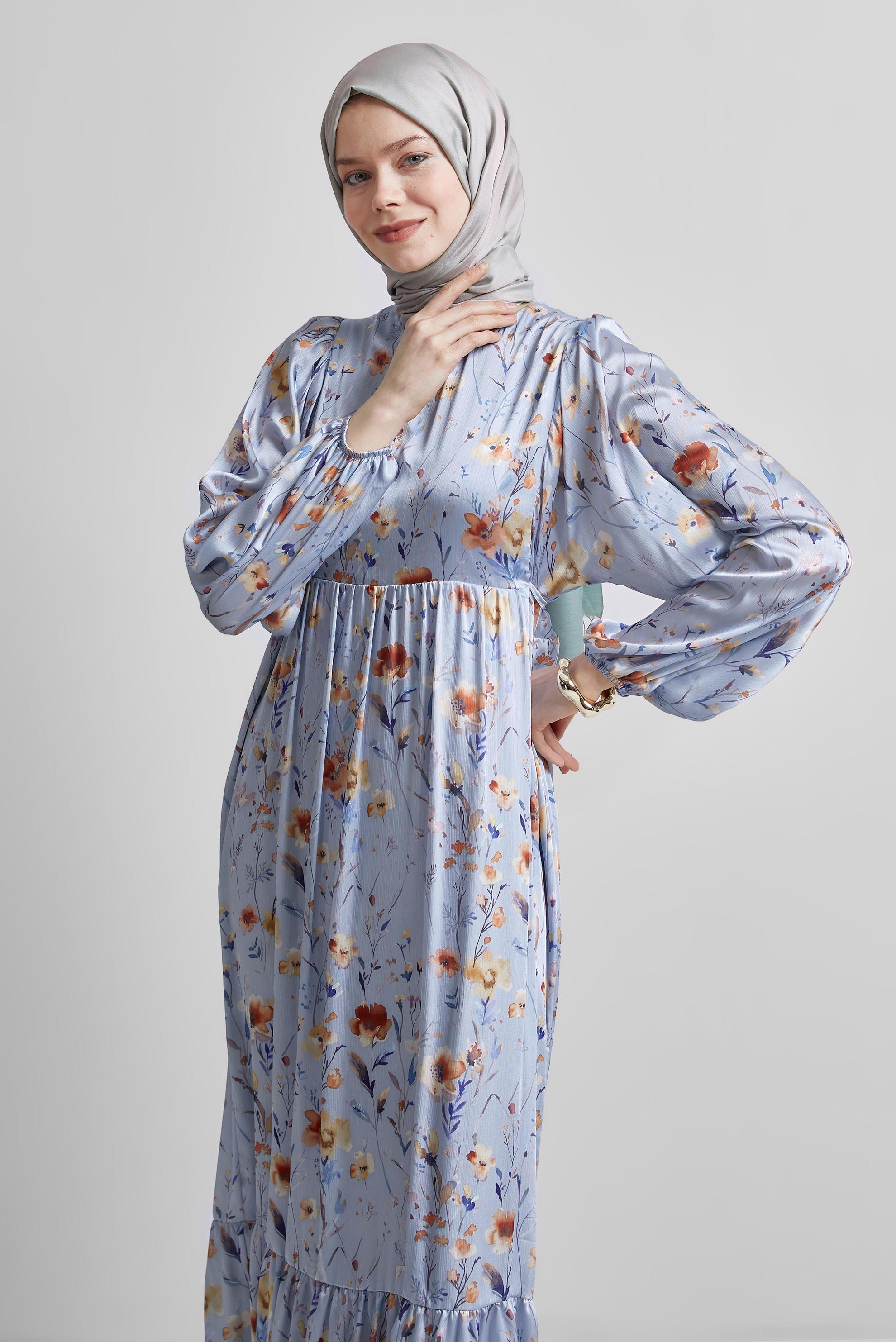 Tesettür giyim MAVİ DESENLİ BAĞCIKLI ELBİSE 45404