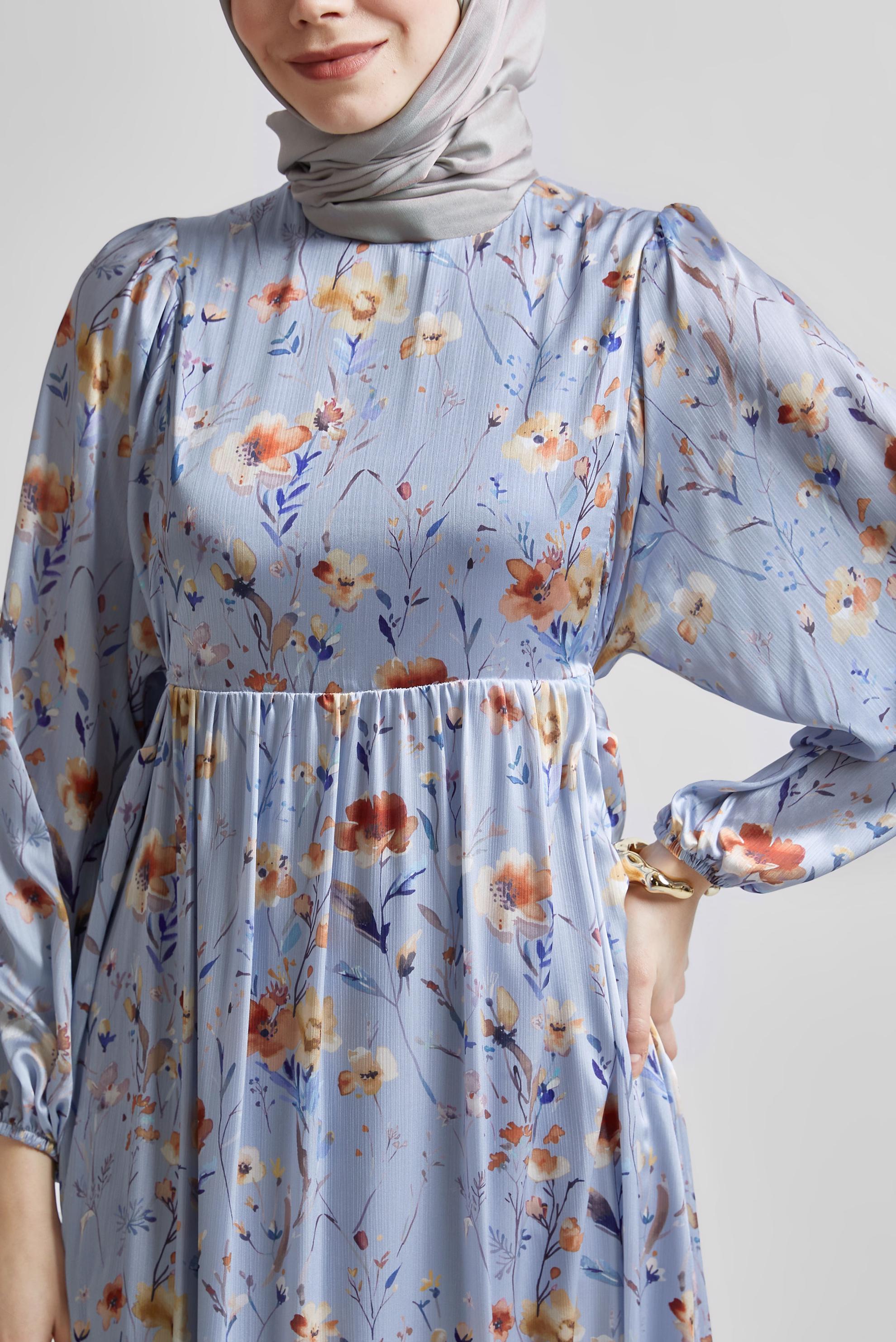 Tesettür giyim MAVİ DESENLİ BAĞCIKLI ELBİSE 45404