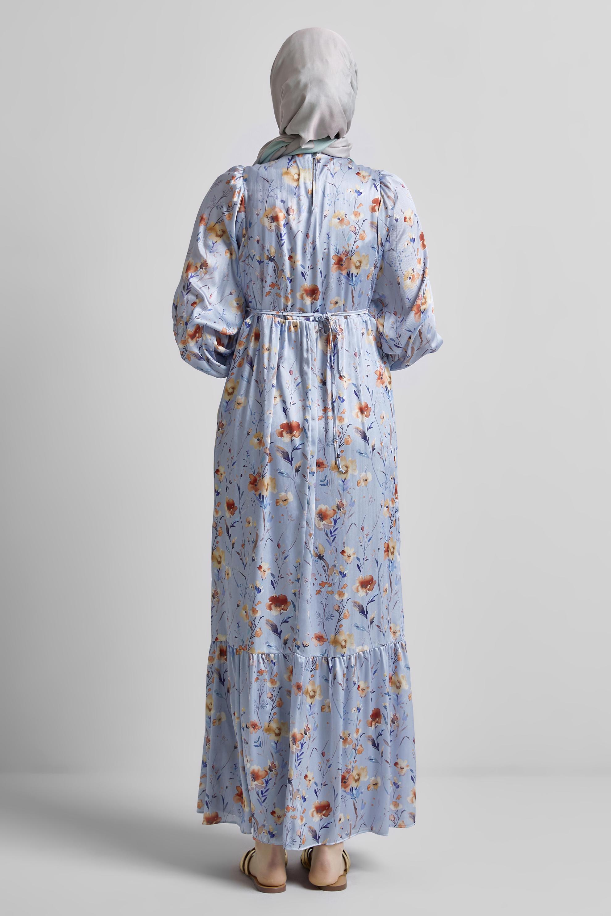 Tesettür giyim MAVİ DESENLİ BAĞCIKLI ELBİSE 45404