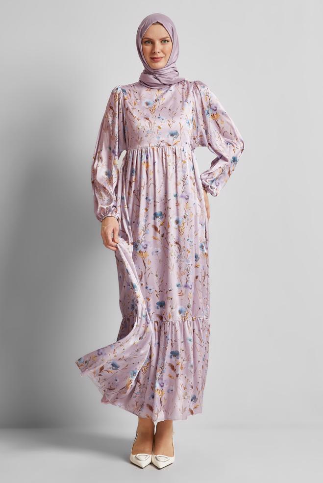 Hijab-Kleidung LILA GEMUSTERTES KLEID 45404 - ALVİNA
