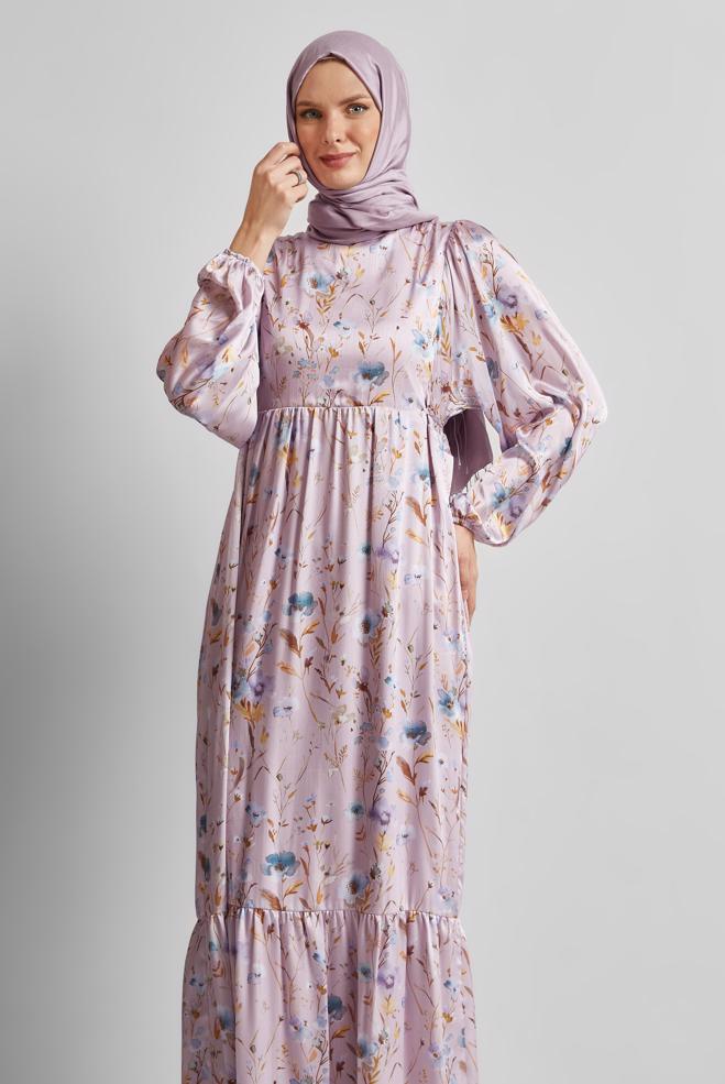 Hijab-Kleidung LILA GEMUSTERTES KLEID 45404 - ALVİNA