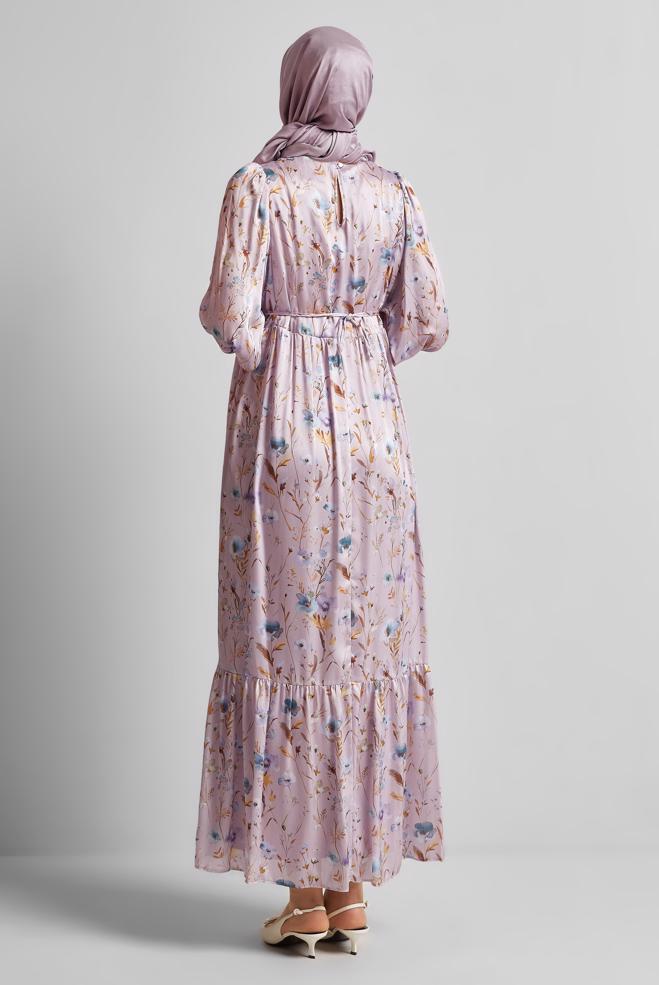 Hijab-Kleidung LILA GEMUSTERTES KLEID 45404 - ALVİNA