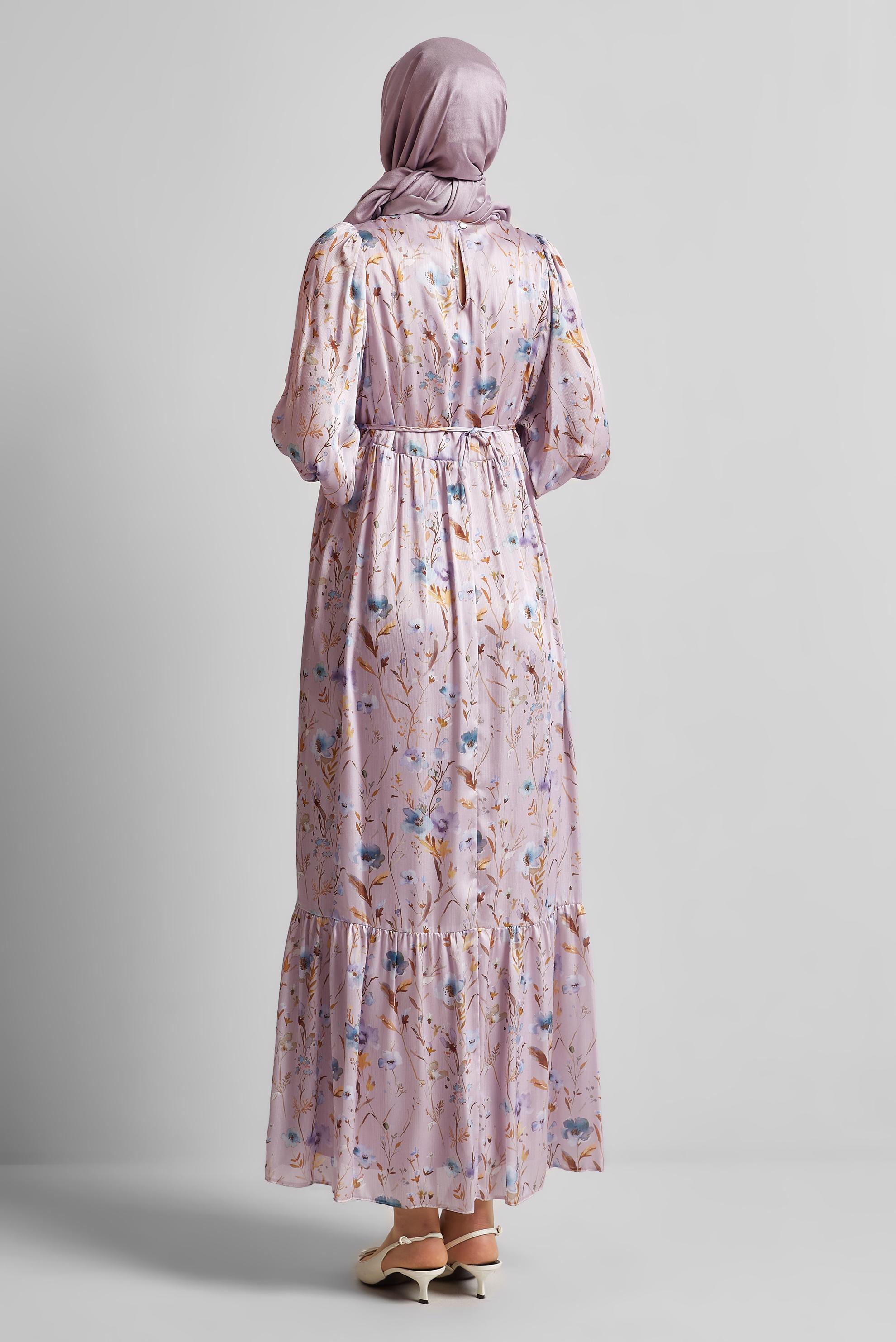 Tesettür giyim MOR DESENLİ BAĞCIKLI ELBİSE 45404