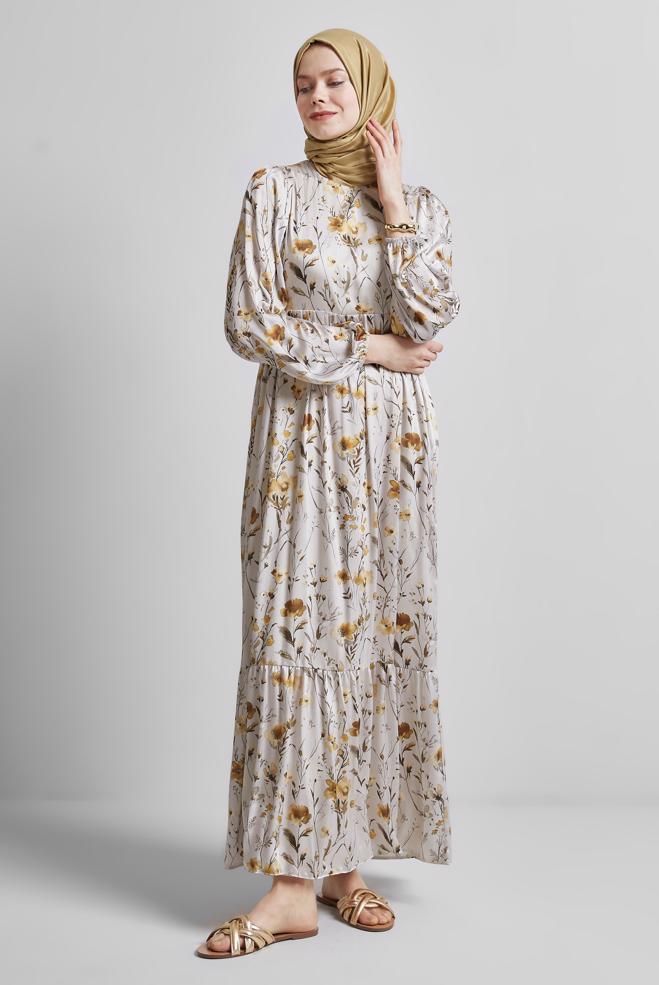 Hijab clothing YELLOW PATTERNED DRESS 45404 - ALVİNA