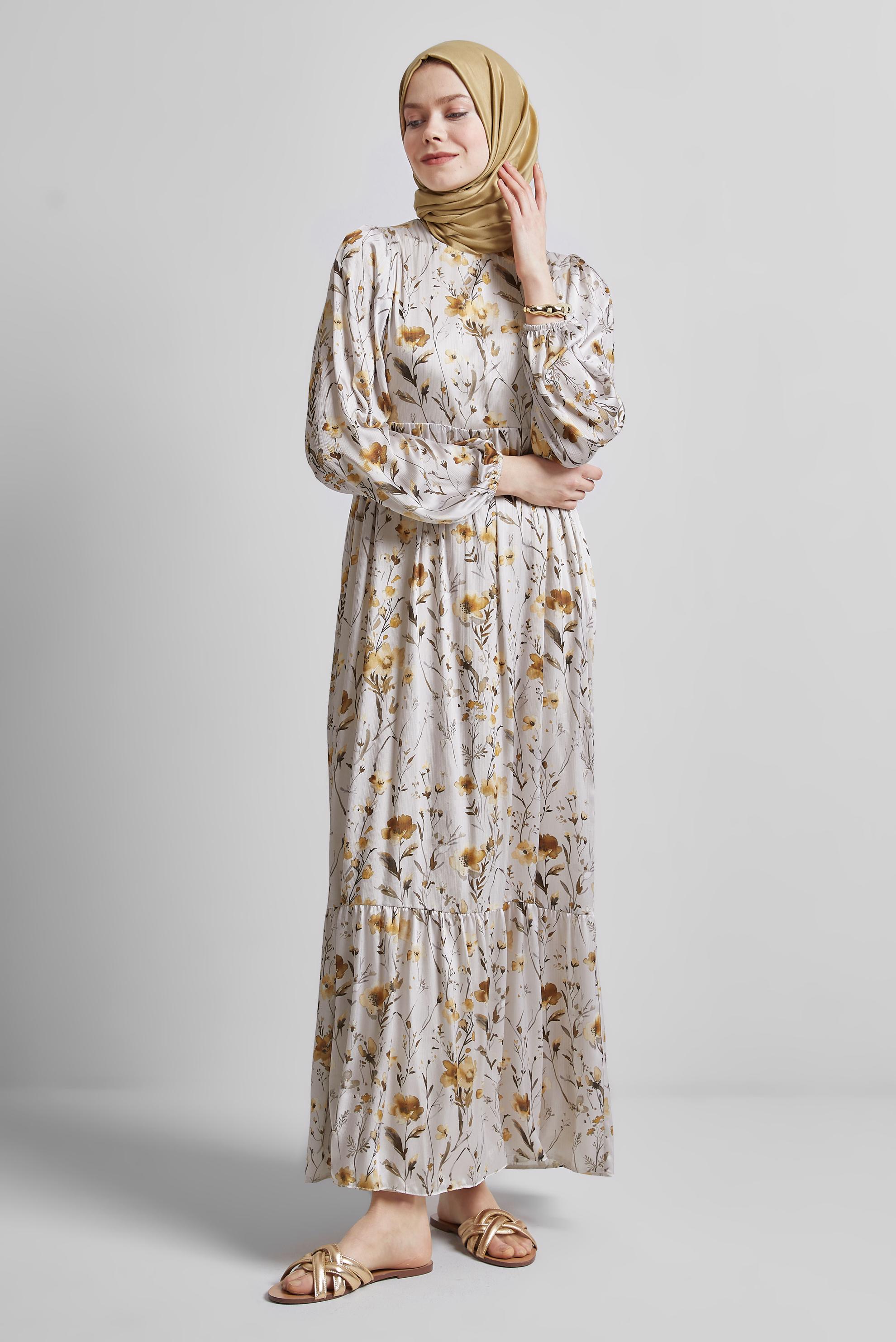 Tesettür giyim SARI DESENLİ BAĞCIKLI ELBİSE 45404