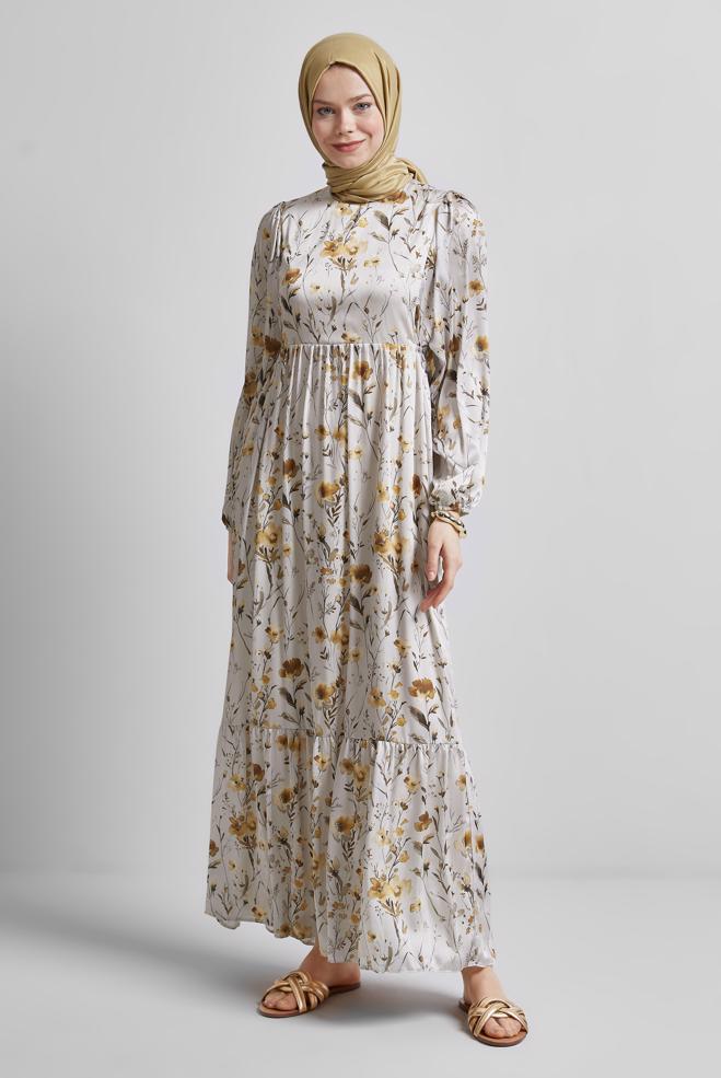 Hijab clothing YELLOW PATTERNED DRESS 45404 - ALVİNA