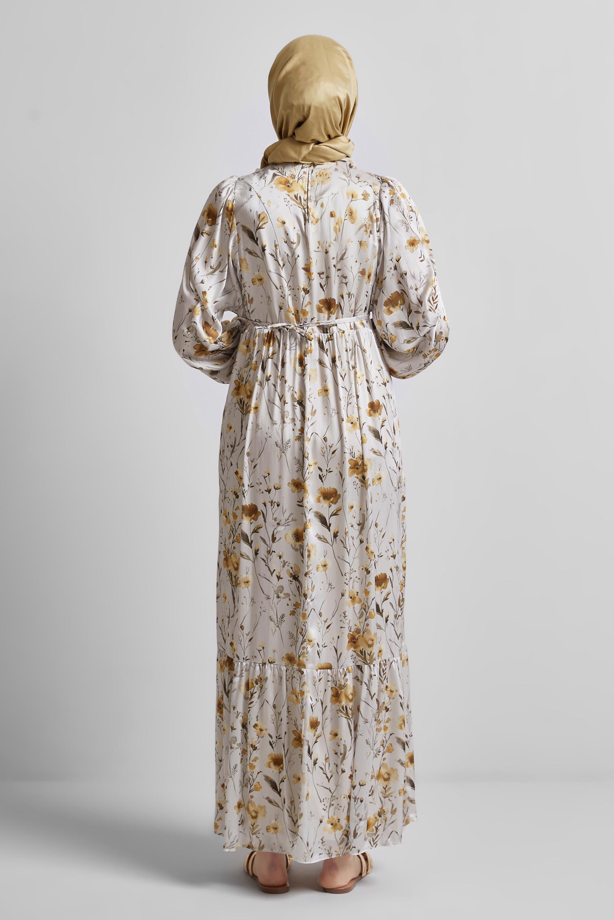 Tesettür giyim SARI DESENLİ BAĞCIKLI ELBİSE 45404