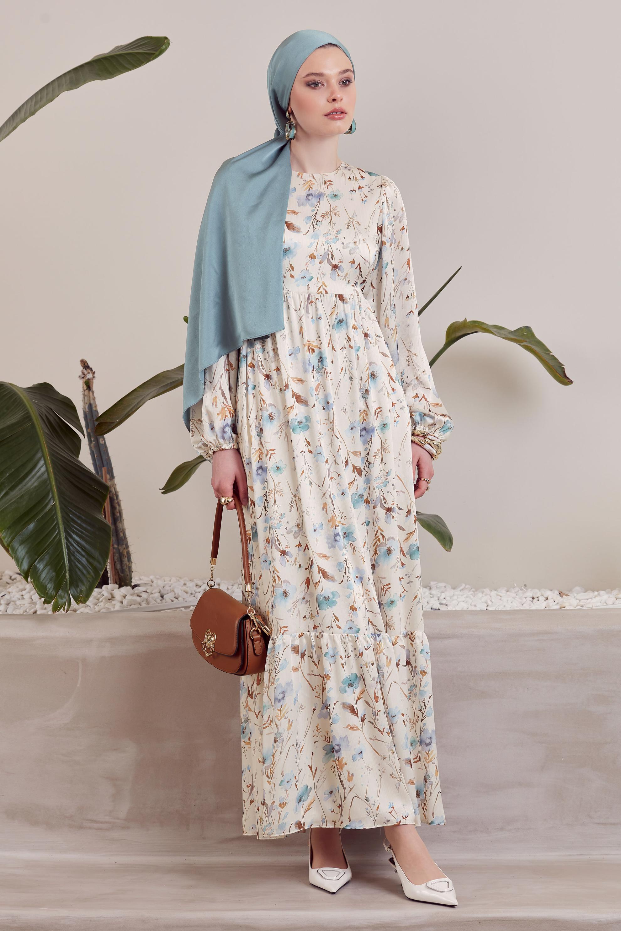 Tesettür giyim GRİ DESENLİ BAĞCIKLI ELBİSE 45404