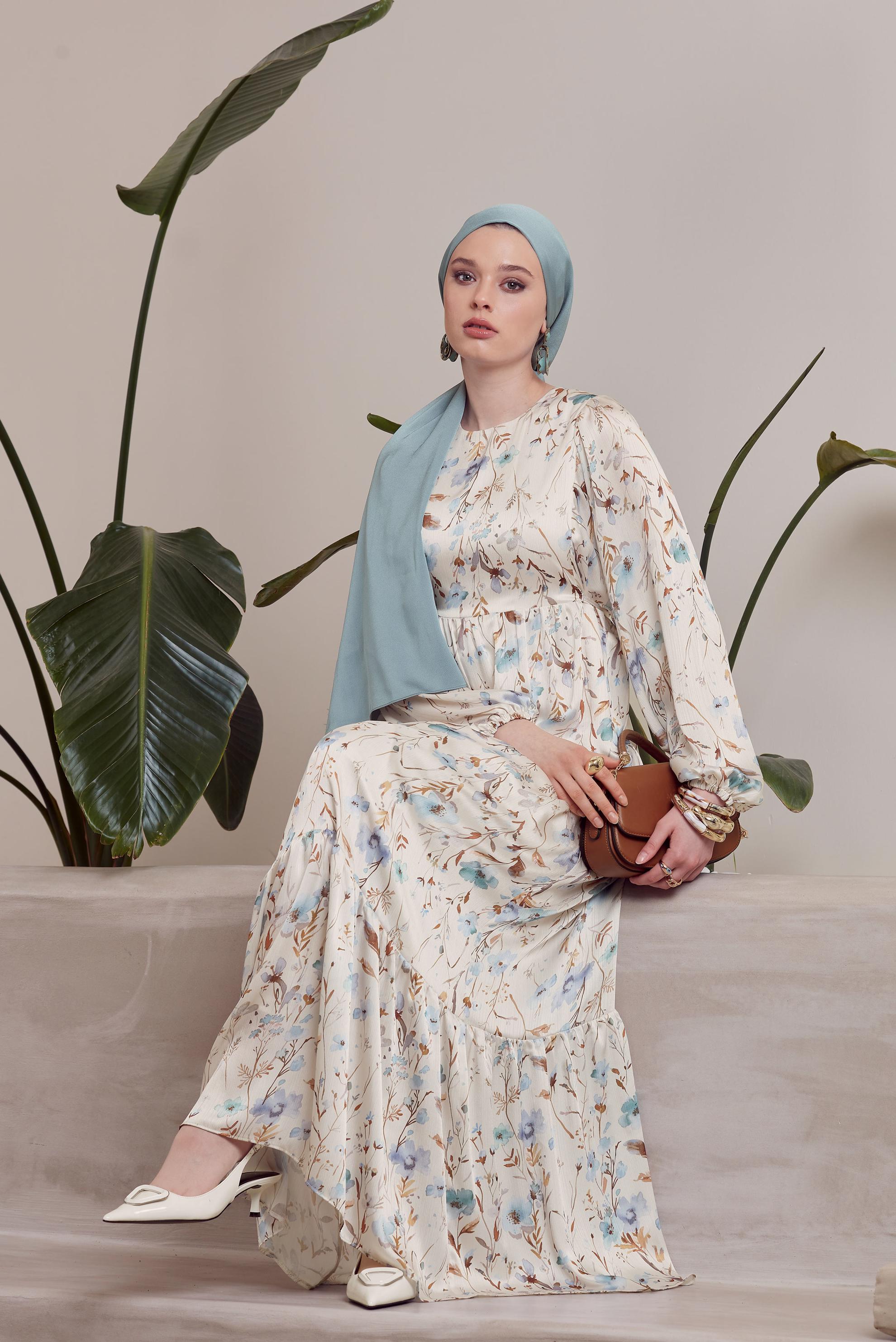 Tesettür giyim GRİ DESENLİ BAĞCIKLI ELBİSE 45404