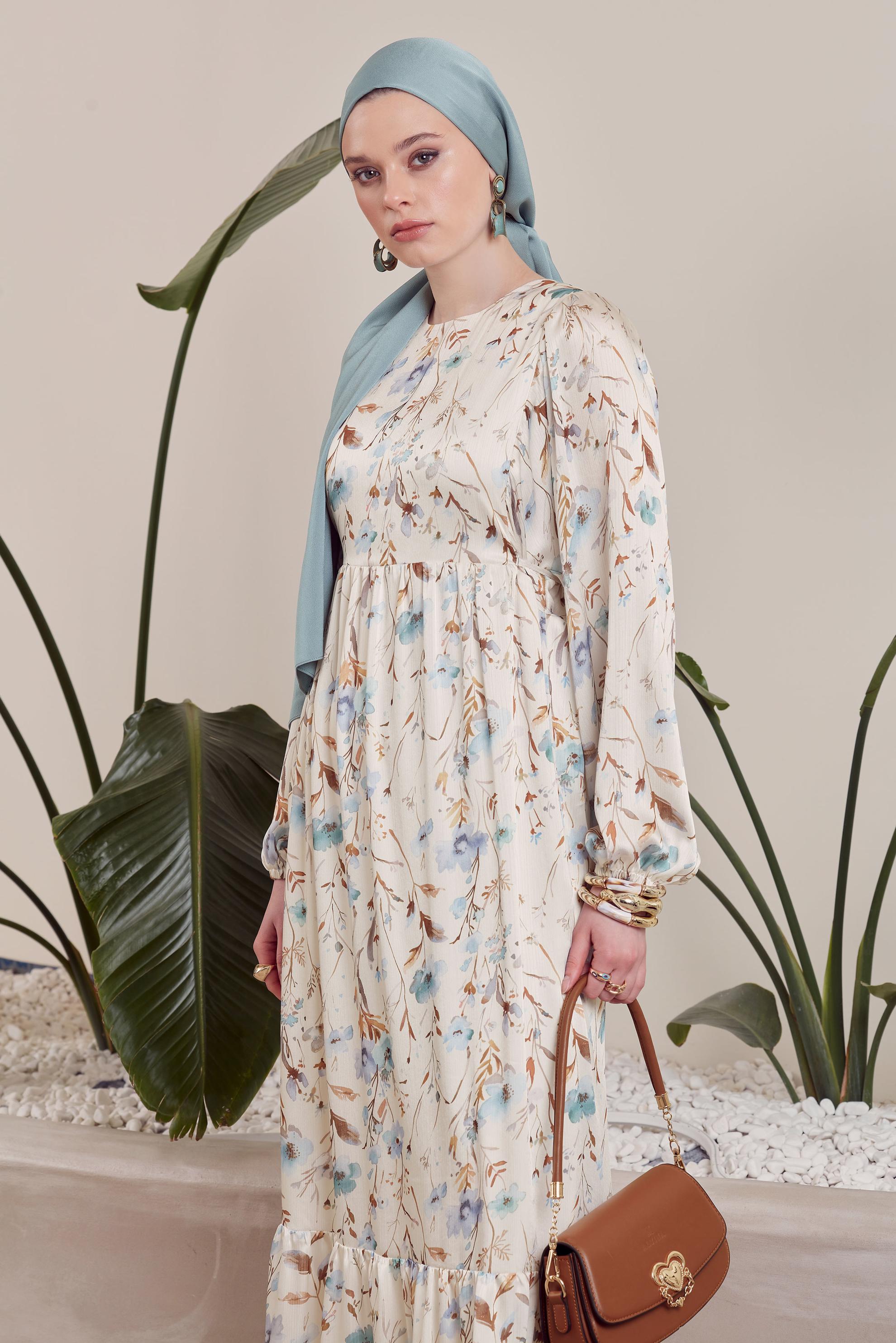 Tesettür giyim GRİ DESENLİ BAĞCIKLI ELBİSE 45404