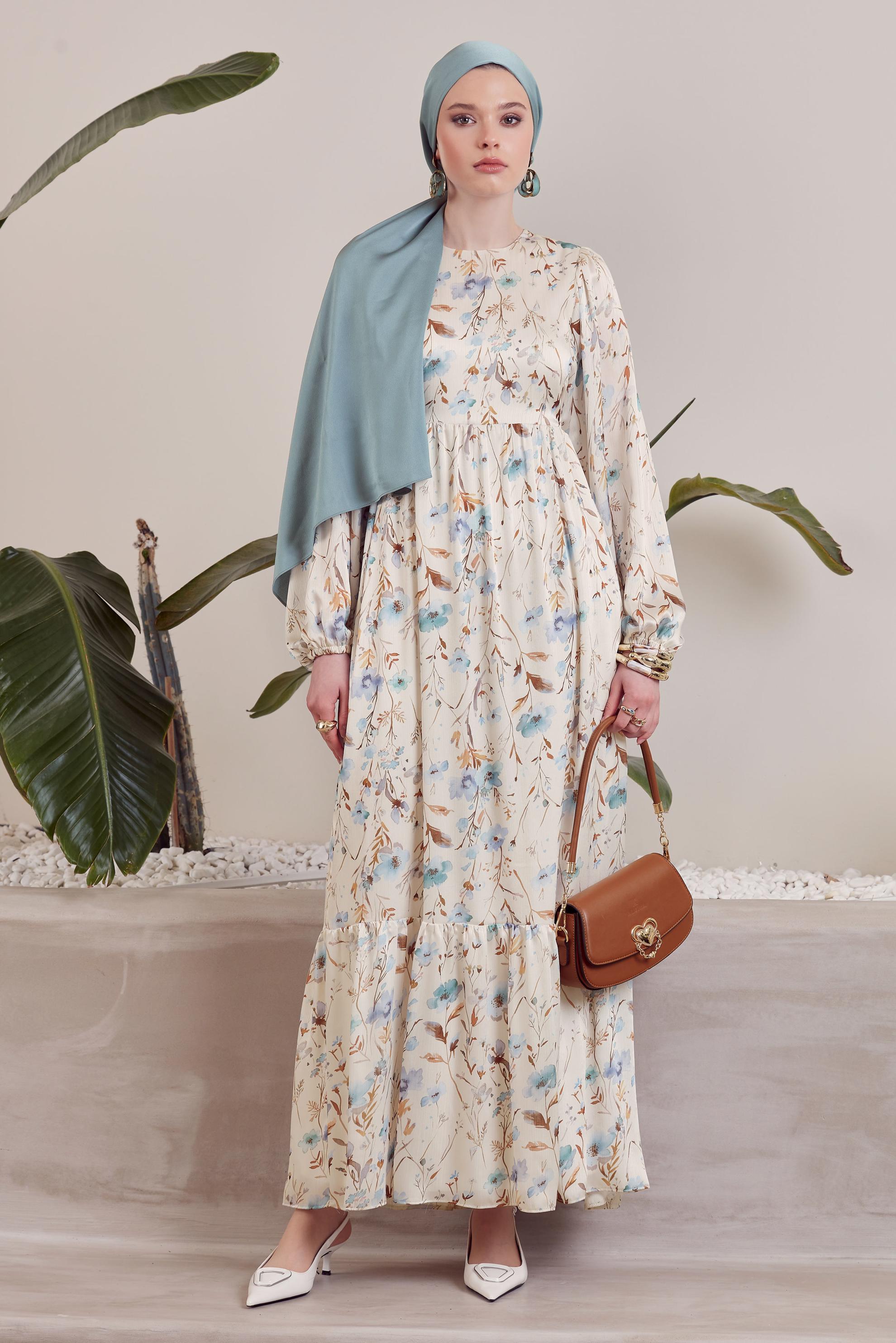 Tesettür giyim GRİ DESENLİ BAĞCIKLI ELBİSE 45404