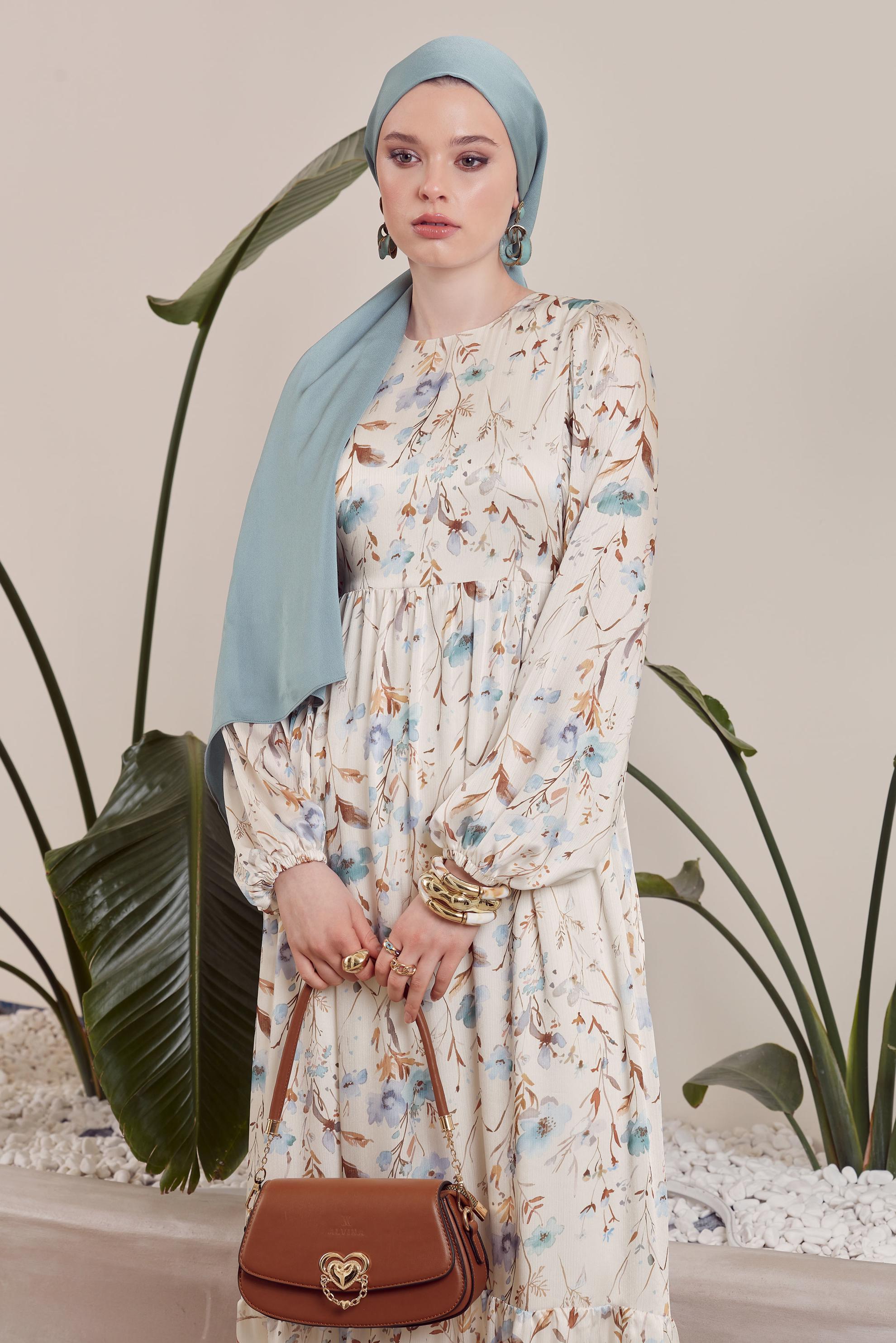 Tesettür giyim GRİ DESENLİ BAĞCIKLI ELBİSE 45404