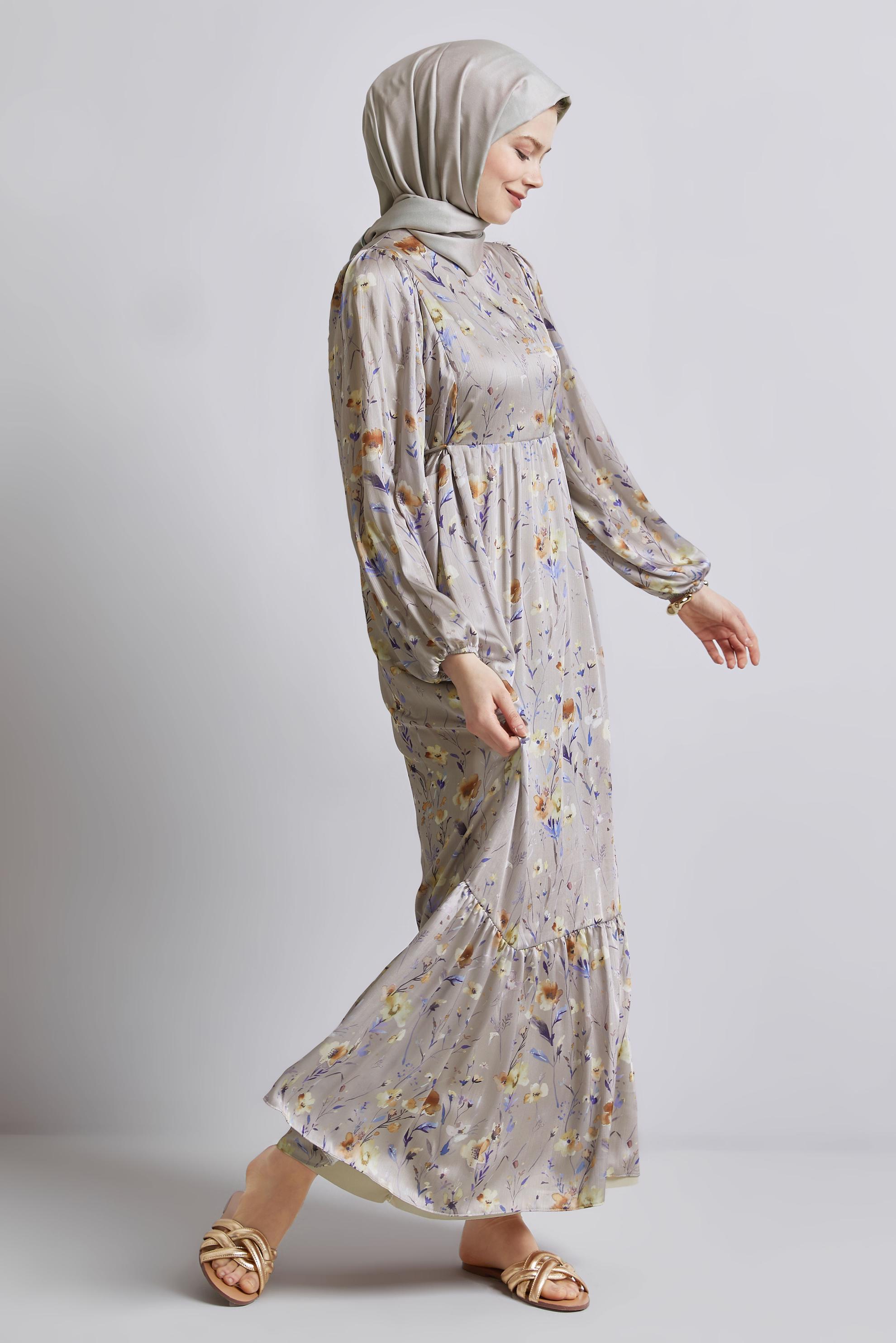 Tesettür giyim BAKIR / BRONZ DESENLİ BAĞCIKLI ELBİSE 45404