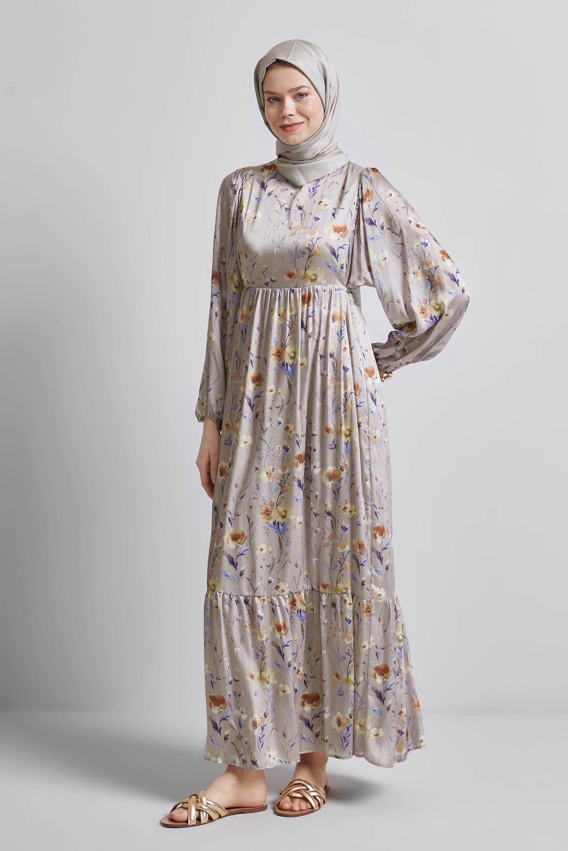 Tesettür giyim BAKIR / BRONZ DESENLİ BAĞCIKLI ELBİSE 45404