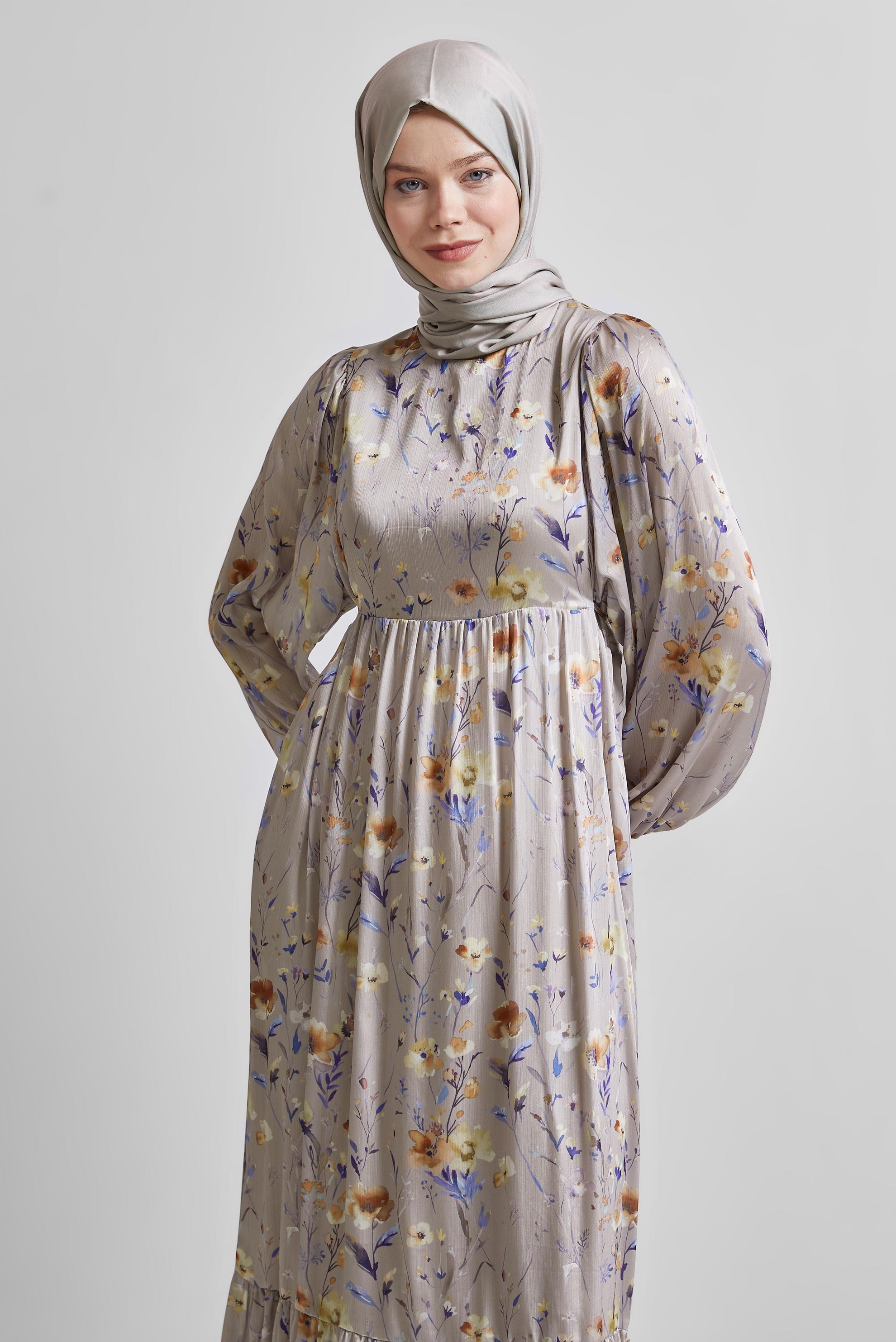 Tesettür giyim BAKIR / BRONZ DESENLİ BAĞCIKLI ELBİSE 45404