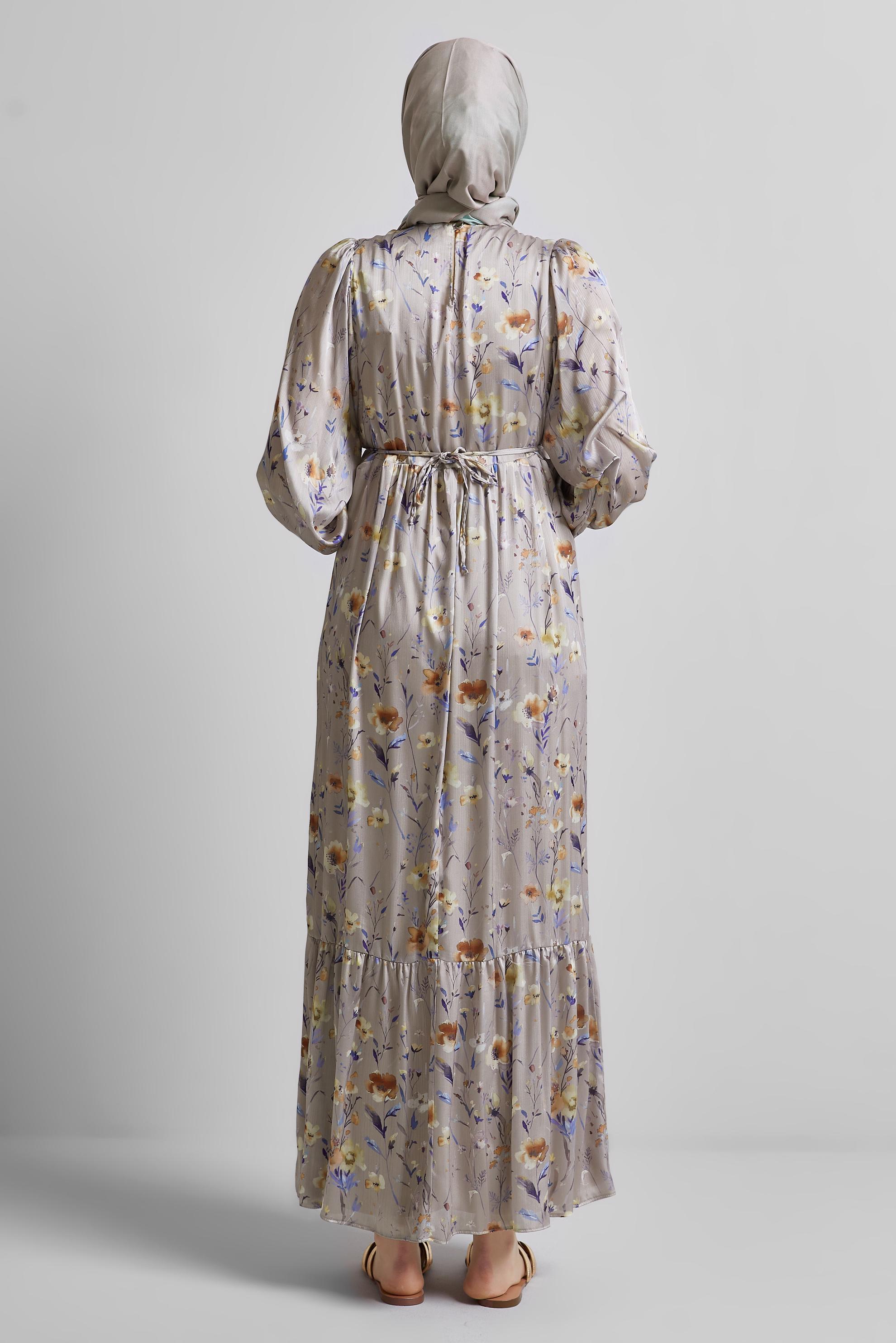 Tesettür giyim BAKIR / BRONZ DESENLİ BAĞCIKLI ELBİSE 45404