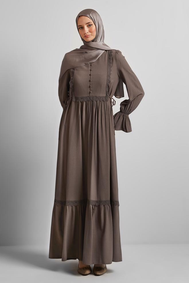 Hijab-Kleidung BRAUN VISKOSE HIJAB KLEID 45412 - ALVİNA