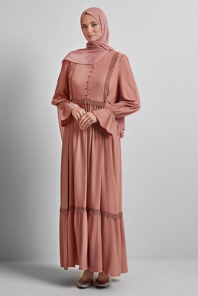 Tesettür giyim PEMBE VİSKON TESETTÜR ELBİSE 45412 - ALVİNA