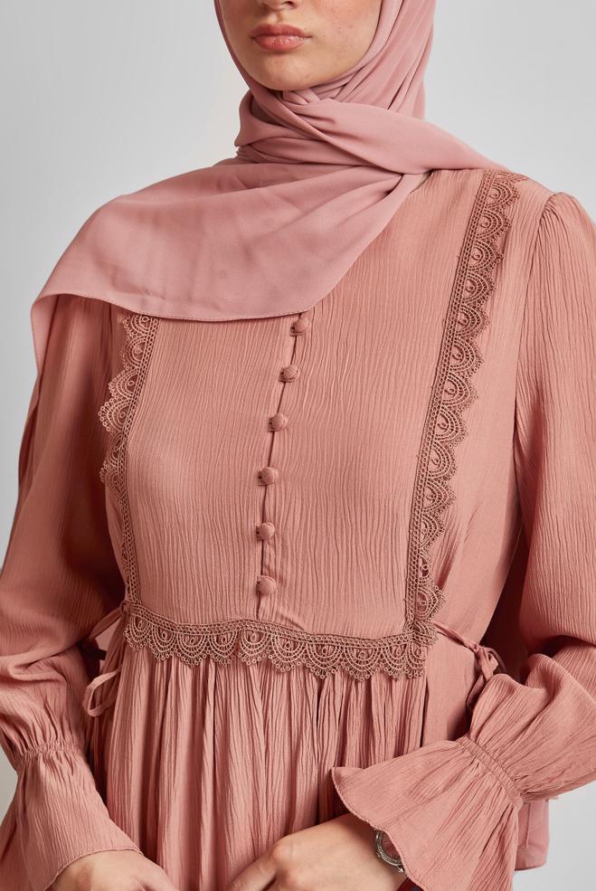 Tesettür giyim PEMBE VİSKON TESETTÜR ELBİSE 45412 - ALVİNA