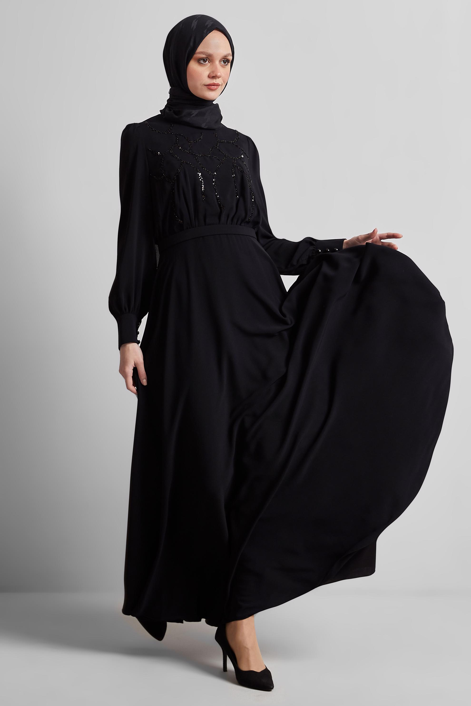 Tesettür giyim SİYAH PAYET DETAYLI ELBİSE 45419