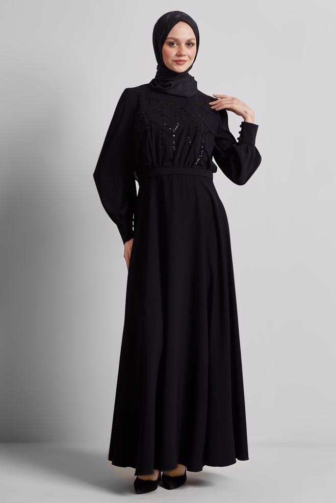 Tesettür giyim SİYAH PAYET DETAYLI ELBİSE 45419 - ALVİNA