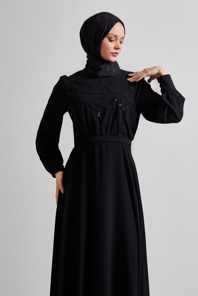 Tesettür giyim SİYAH PAYET DETAYLI ELBİSE 45419 - ALVİNA