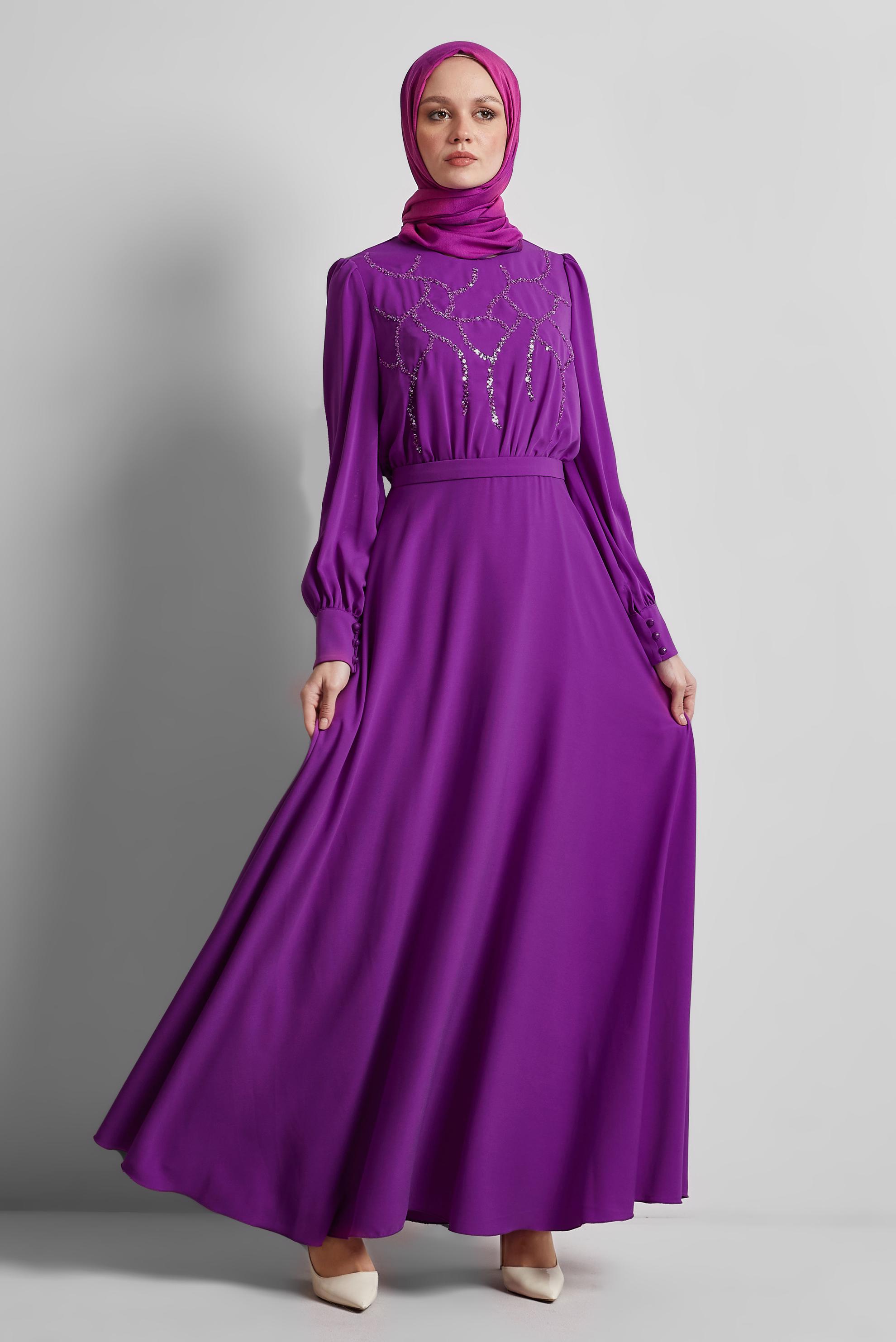 Tesettür giyim MOR PAYET DETAYLI ELBİSE 45419