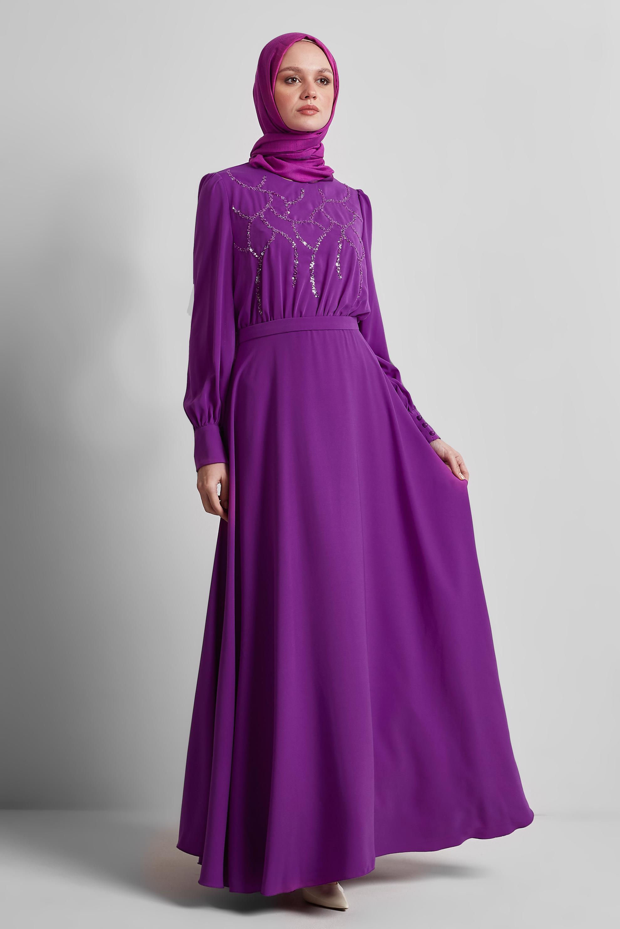 Tesettür giyim MOR PAYET DETAYLI ELBİSE 45419