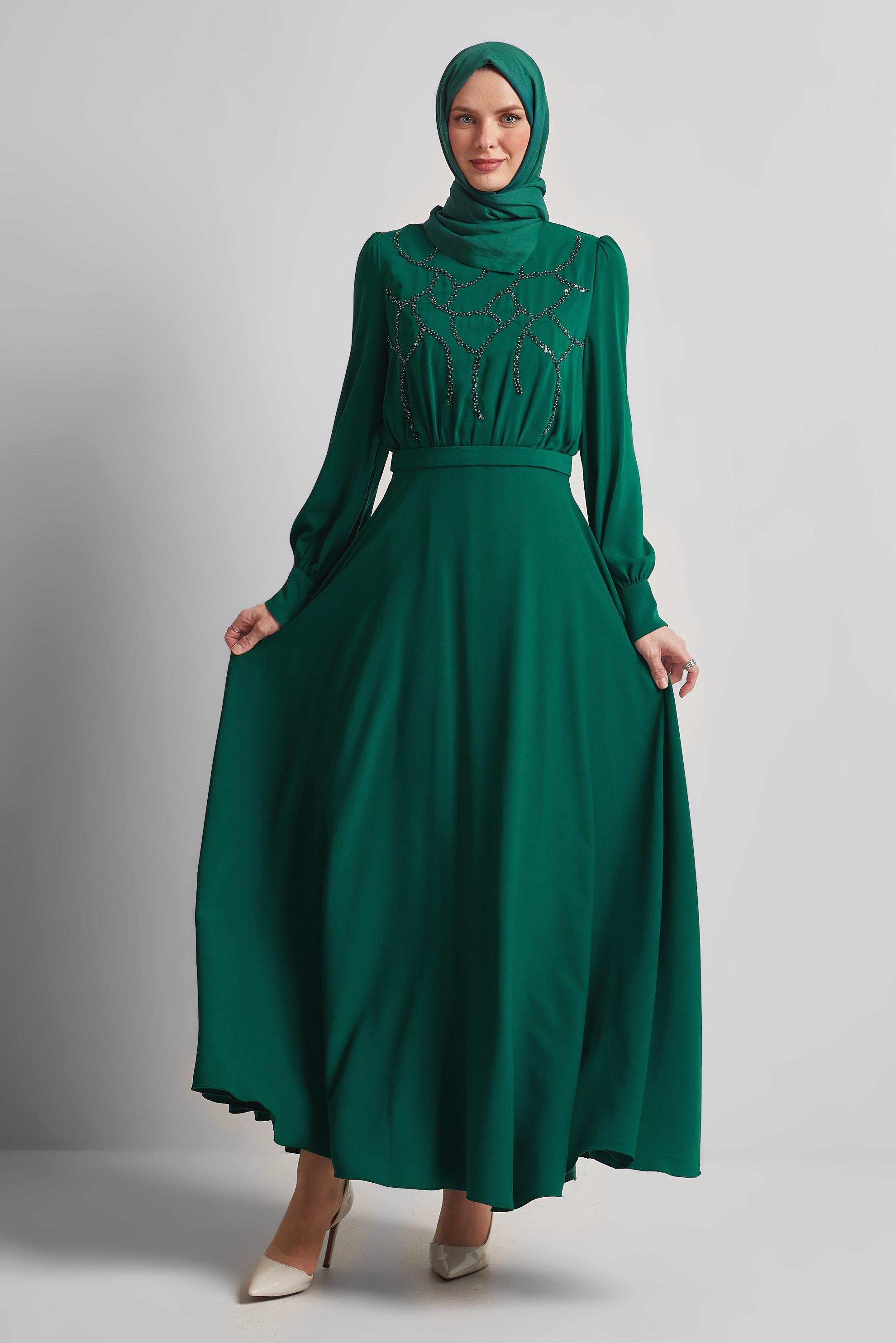 Tesettür giyim YEŞİL PAYET DETAYLI ELBİSE 45419